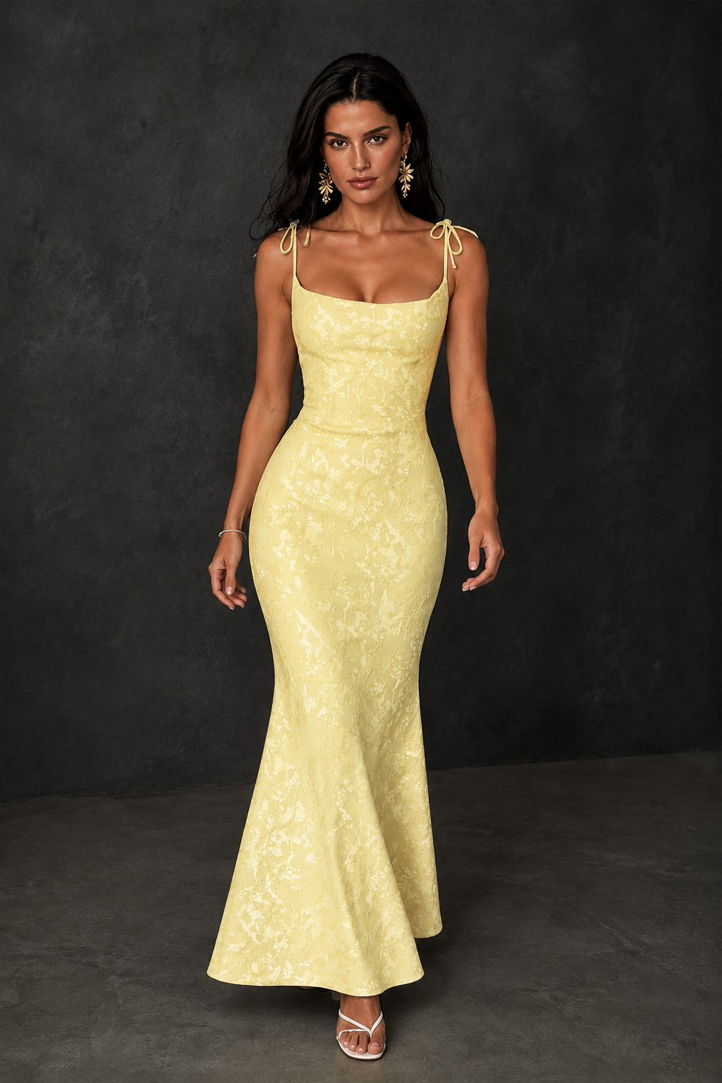 BOLODOO Yellow Scoop Neck Tie Strap Lace-Up Back Floral Jacquard Mermaid Maxi Dress - Yellow