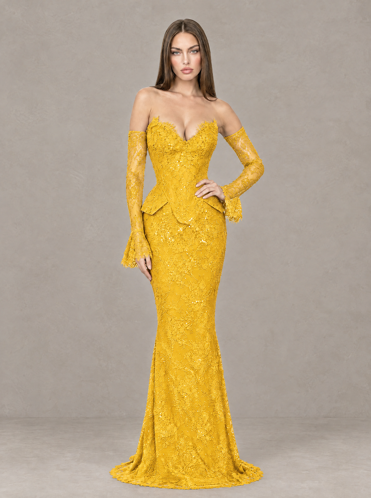 BOLODOO Yellow Lace Off-the-Shoulder Long Sleeve Mermaid Evening Gown - Yellow - Yellow (3)