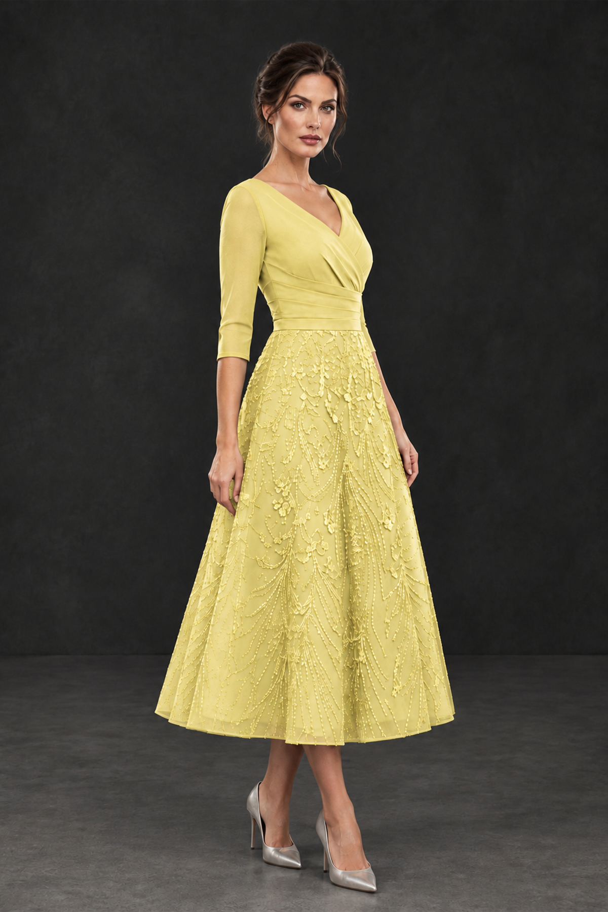 BOLODOO Yellow V-Neck Tea-Length Lace Mother of the Bride Dress - Yellow