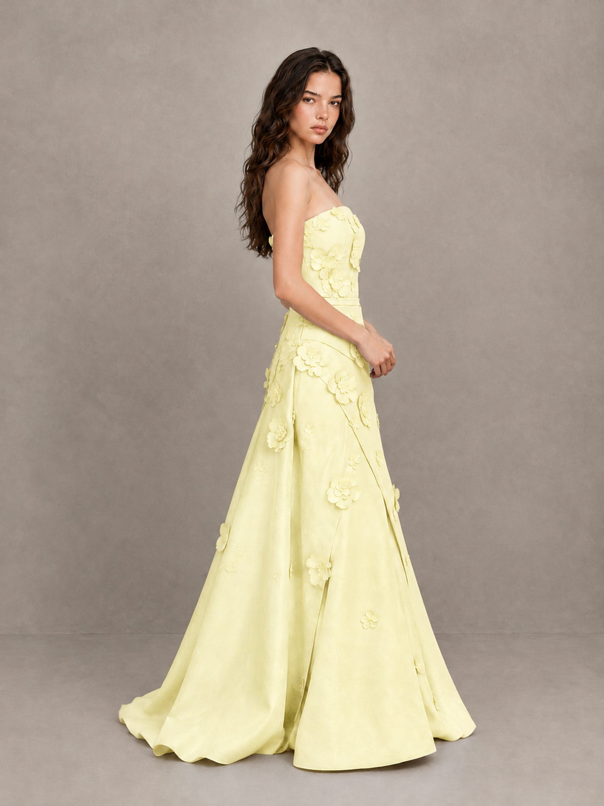 BOLODOO Yellow Strapless 3D Floral Applique Prom Gown with Draped Skirt - Yellow - Yellow (3)