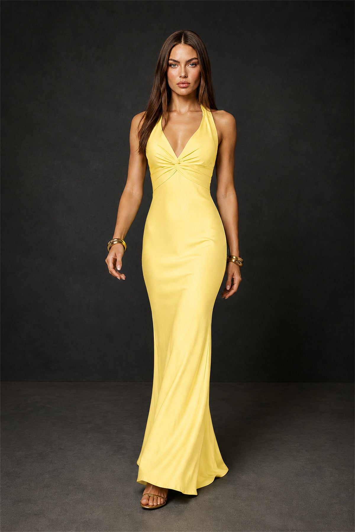 BOLODOO Yellow Deep V Neck Twisted Knot Multi-Strap Halter Open Back Satin Mermaid Maxi Dress - Yellow