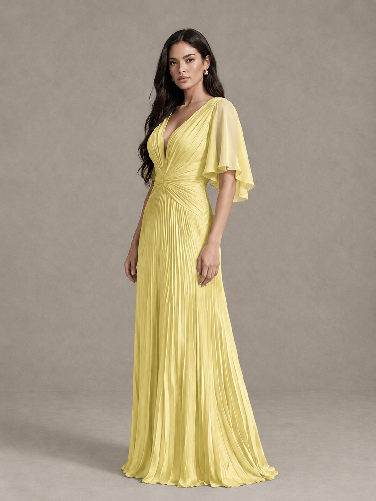 BOLODOO Yellow Pleated V-Neck Flutter Sleeve Bridesmaid Dress - Yellow - Yellow (3)
