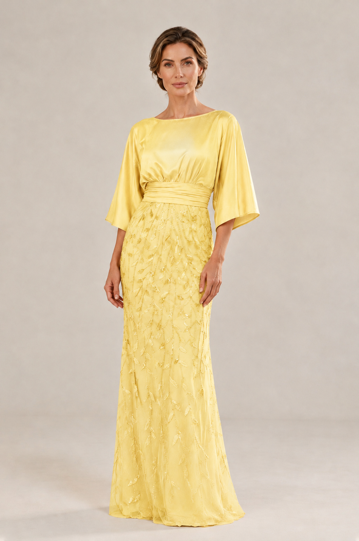 BOLODOO Yellow Mother of the Bride Dress with Kimono Sleeves, Satin Bodice & Sequin Embroidered Mermaid Floor-Length Gown - Yellow - Yellow (3)