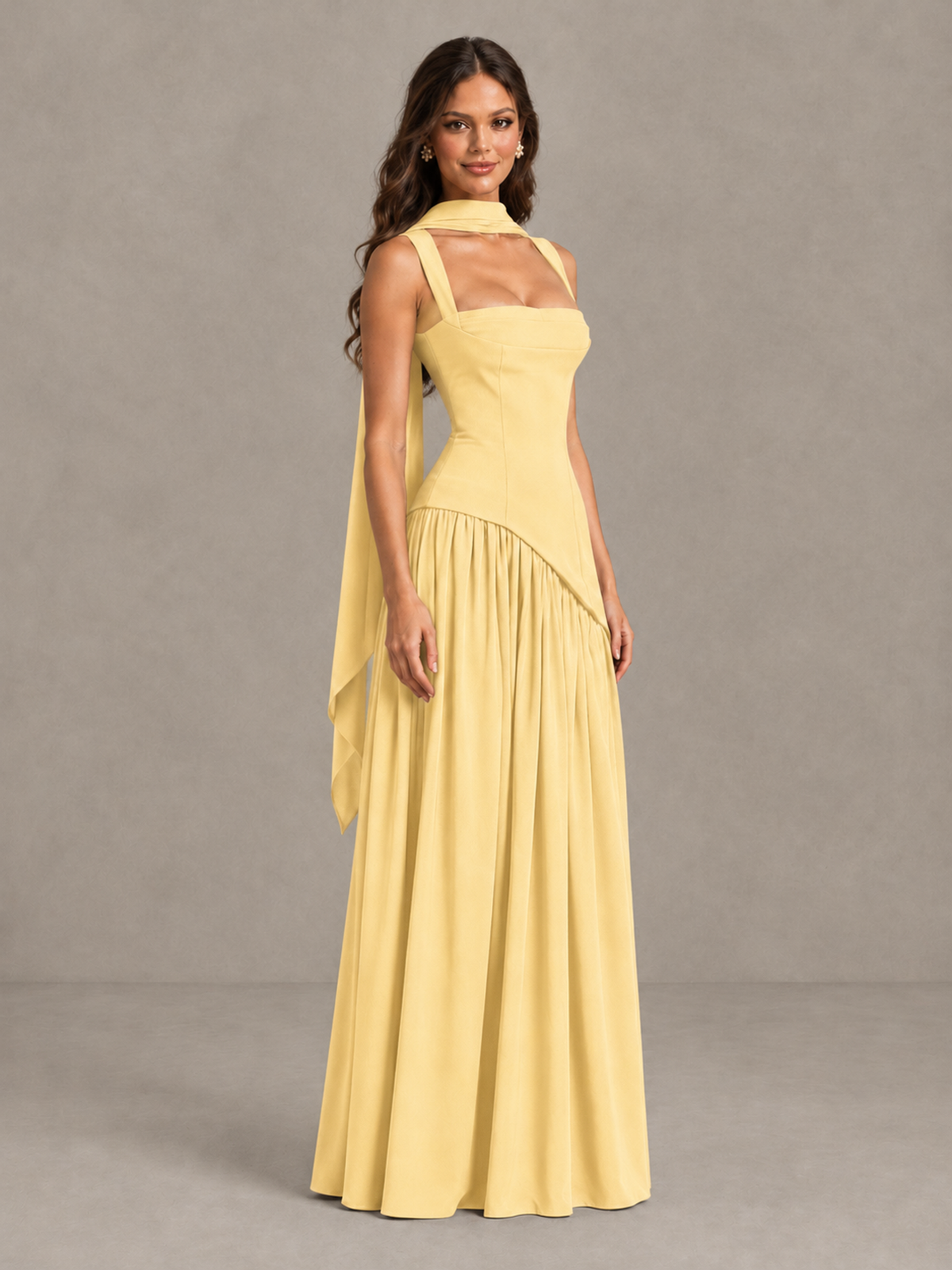 BOLODOO Yellow Brown Scarf Bridesmaid Dress with Lace-Up Back - Yellow - Yellow (3)
