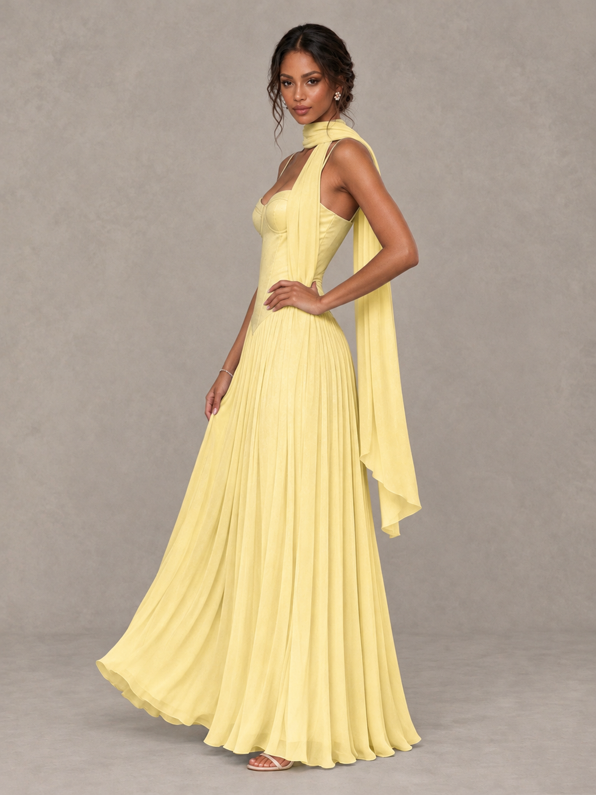 BOLODOO Yellow Corset Bridesmaid Dress with Scarf - Yellow - Yellow (3)