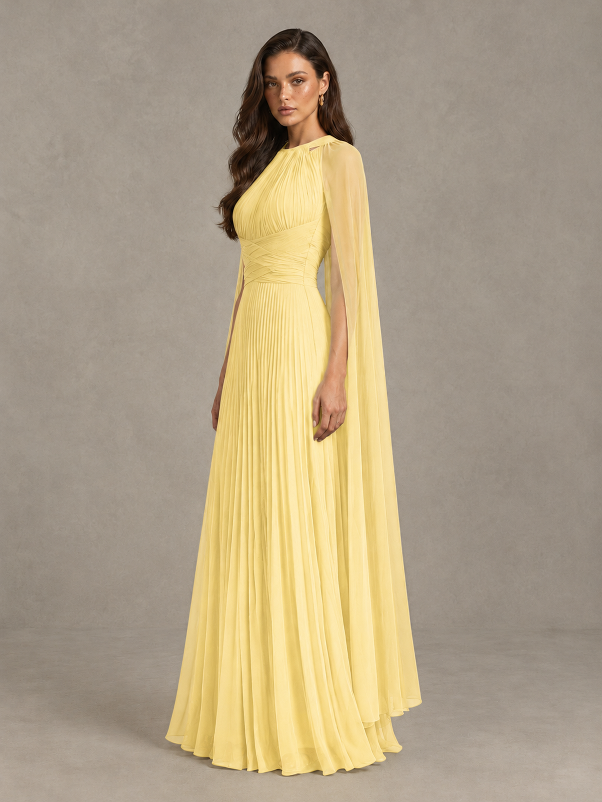 BOLODOO Yellow Pleated Cape Maxi Wedding Guest Dress - Yellow - Yellow (3)
