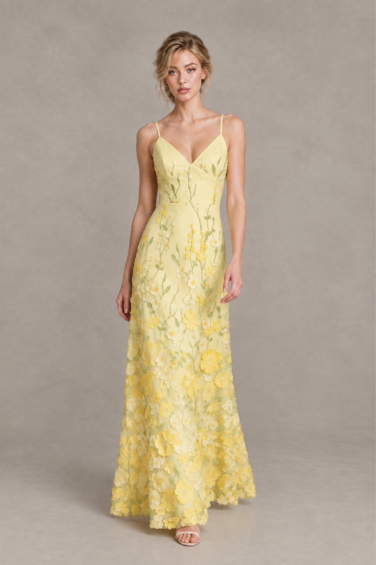 BOLODOO Yellow 3D Floral Appliqué Spaghetti Strap Maxi Dress - Yellow