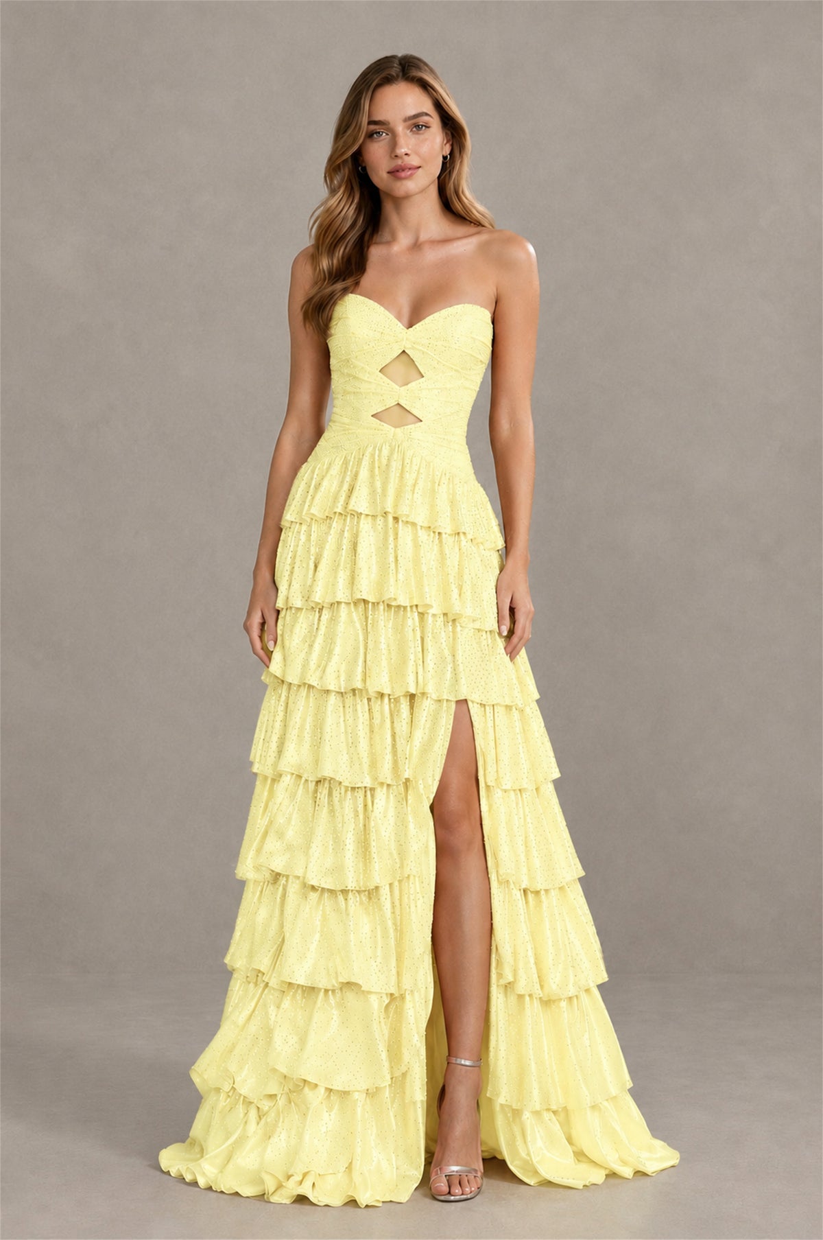 BOLODOO Yellow Strapless Cutout Tiered Ruffle Prom Dress with High Slit - Yellow - Yellow (4)