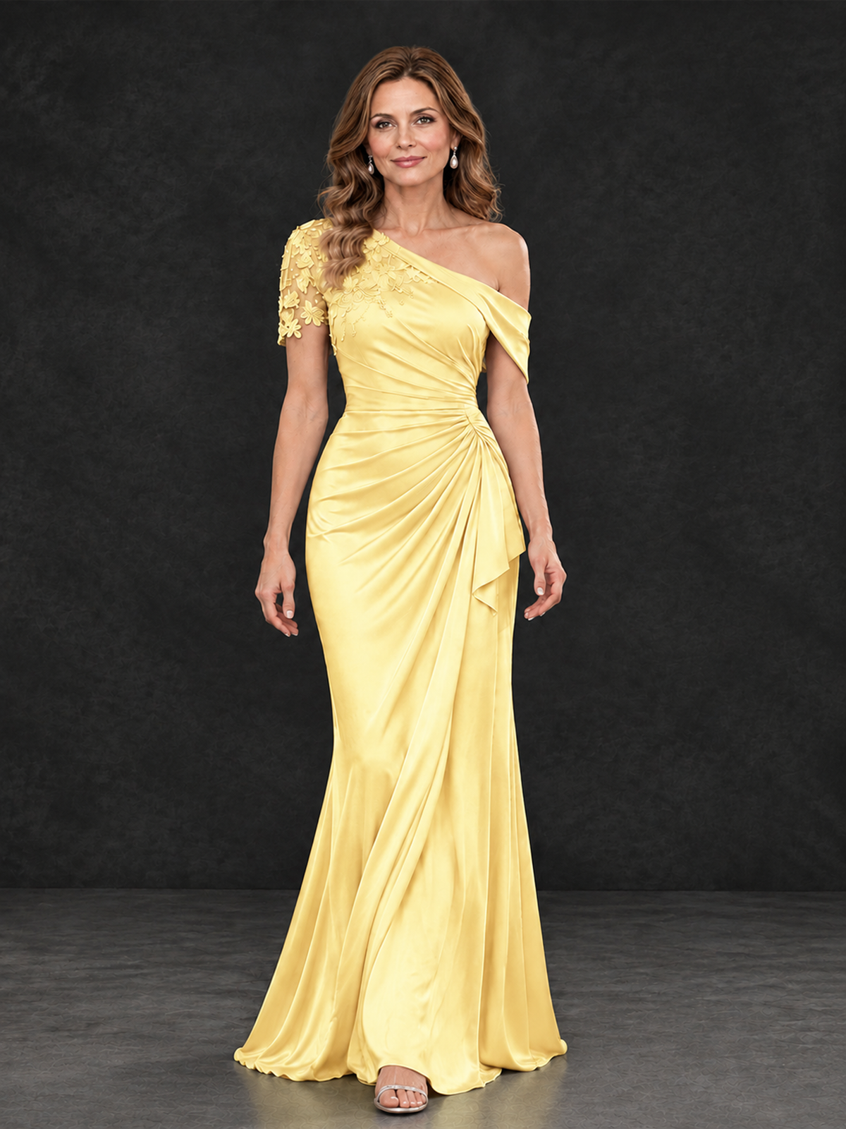 BOLODOO Yellow Asymmetric Satin Mother of the Bride Dress with Lace Sleeve - Yellow - Yellow (4)