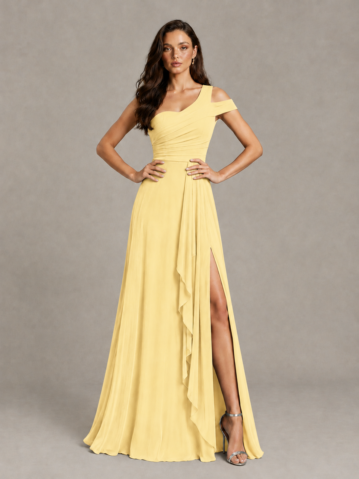 BOLODOO Yellow One-Shoulder Bridesmaid Dress with Side Slit - Yellow - Yellow (4)