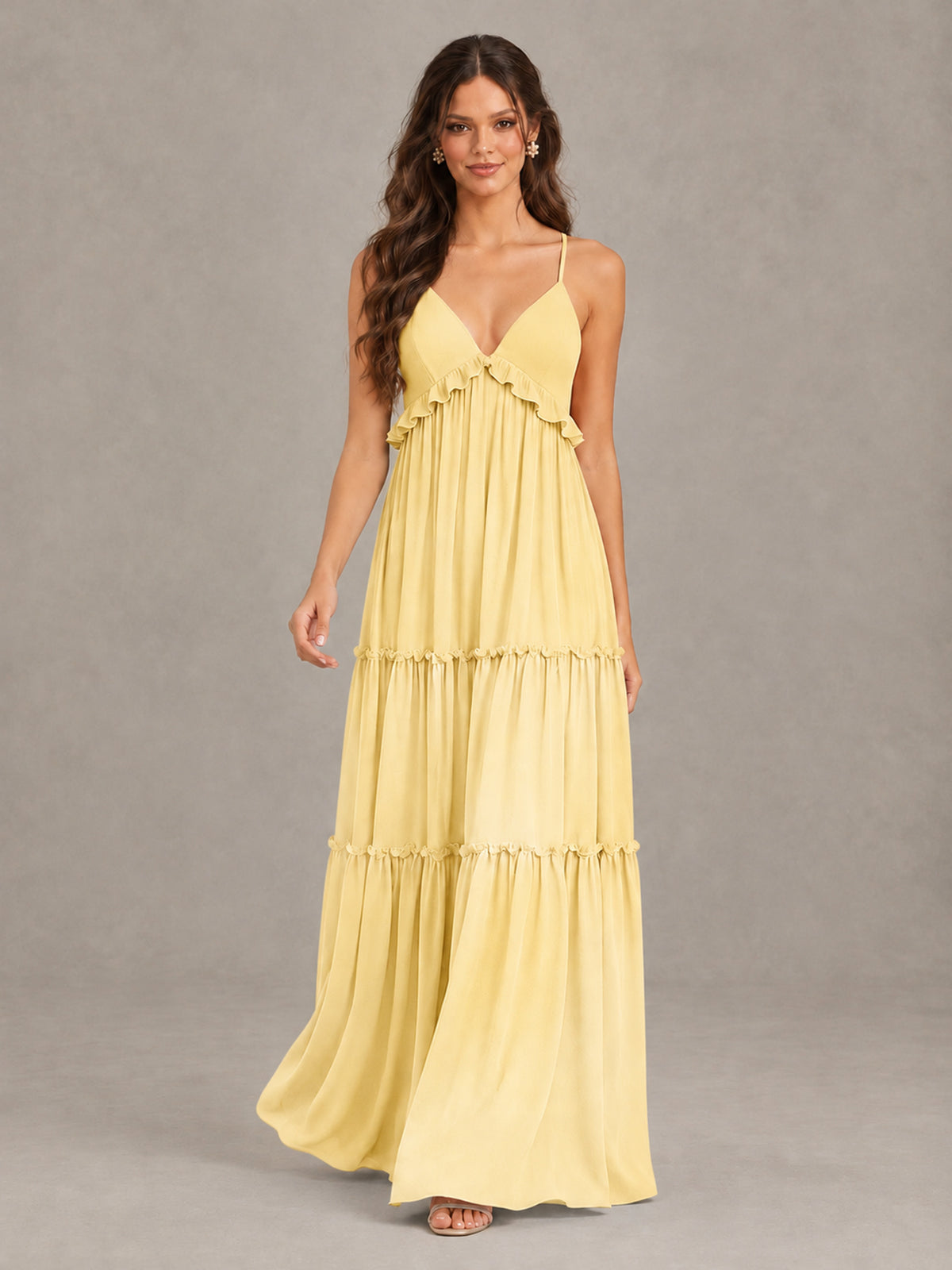 BOLODOO Yellow Tiered V-Neck Lace-Up Back Bridesmaid Dress - Yellow - Yellow (4)
