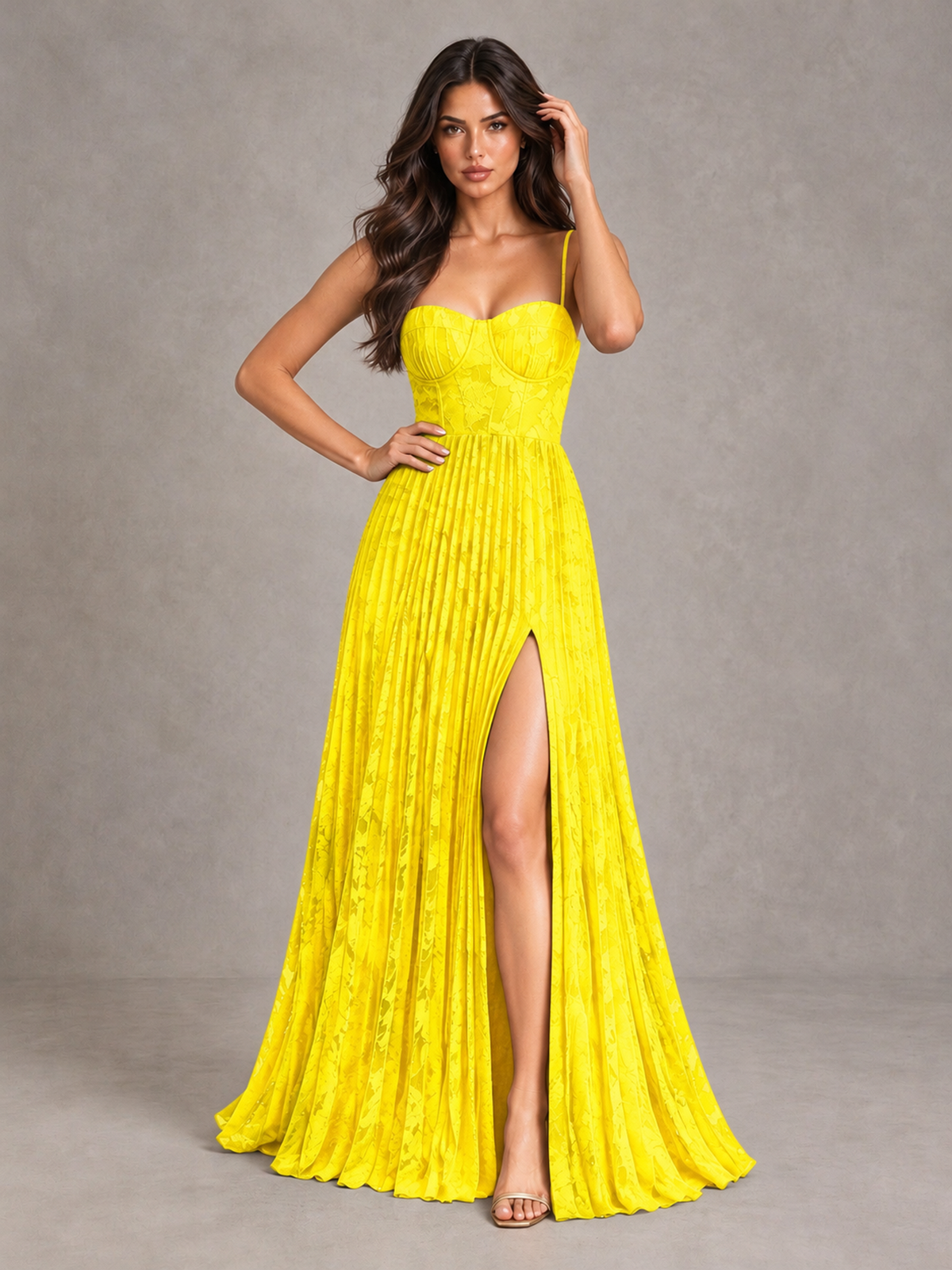 BOLODOO Yellow Pleated Bridesmaid Dress with Sweetheart Neckline & Slit - Yellow - Yellow (4)