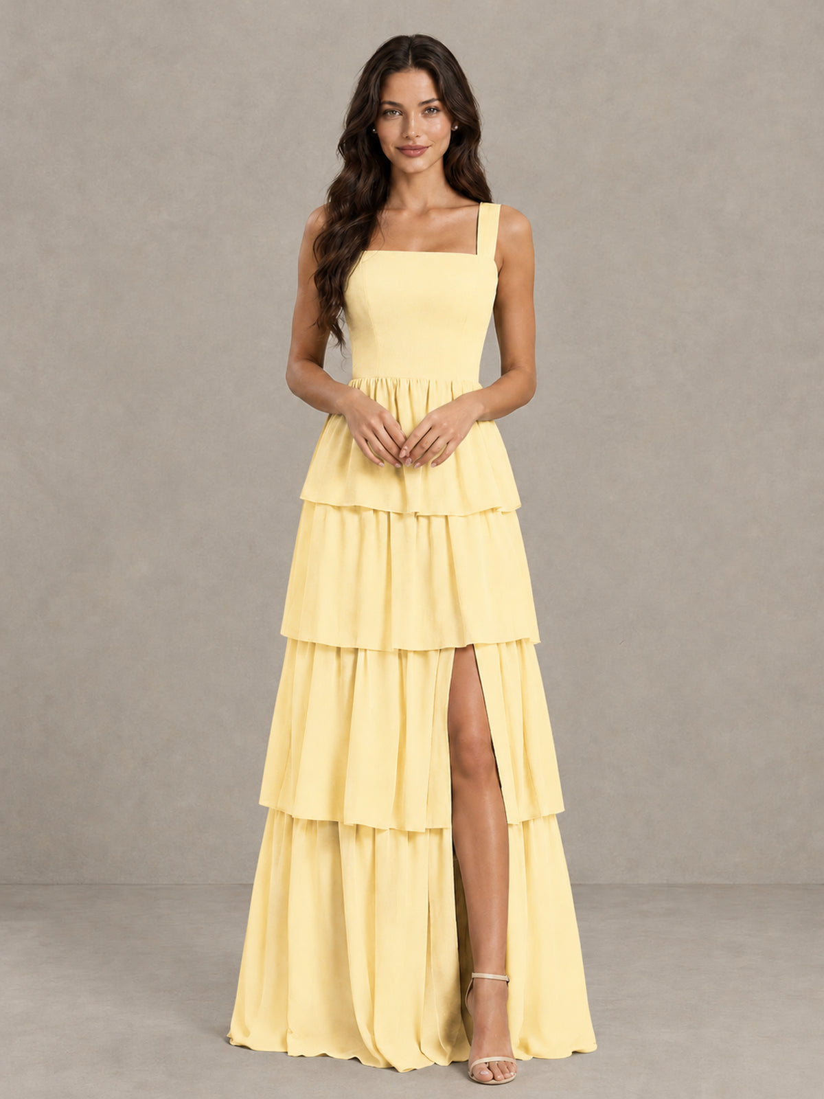 BOLODOO Yellow Square Neck Tiered Bridesmaid Dress with Slit - Yellow - Yellow (4)