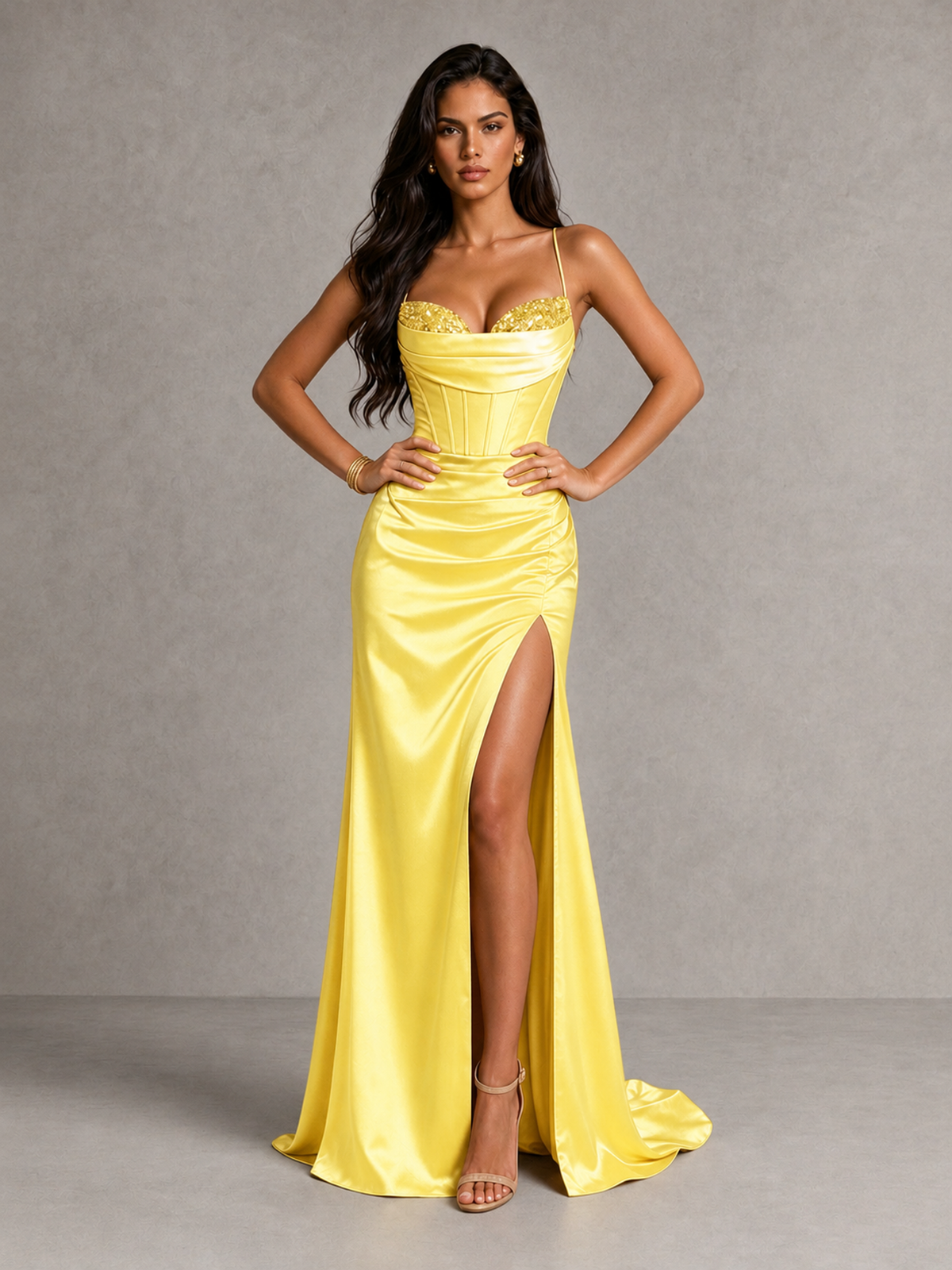 BOLODOO Yellow Satin Corset Prom Dress with High Slit & Lace-Up Back - Yellow - Yellow (4)