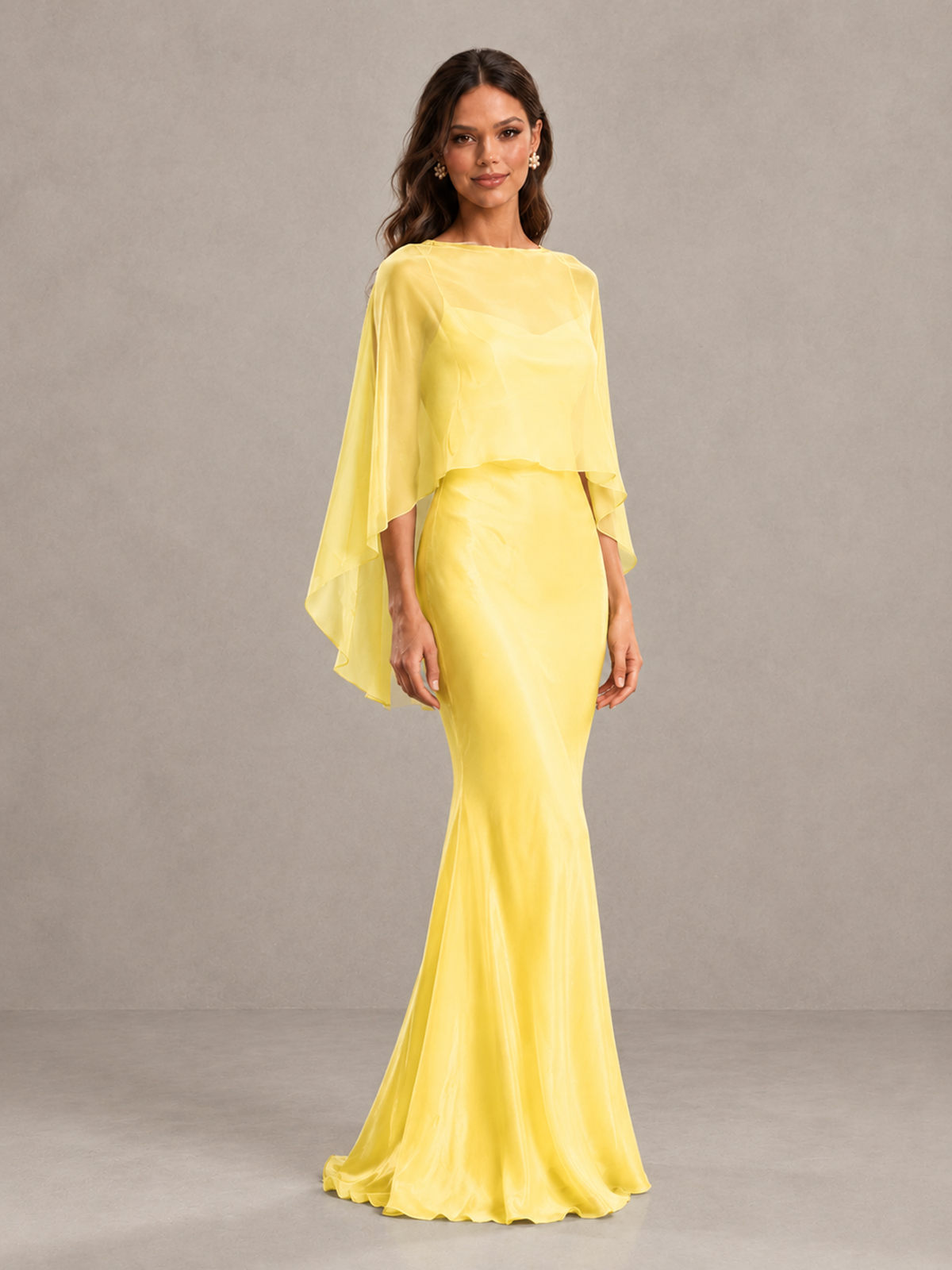 BOLODOO Yellow Satin Mermaid Bridesmaid Dress with Chiffon Cape - Yellow - Yellow (4)