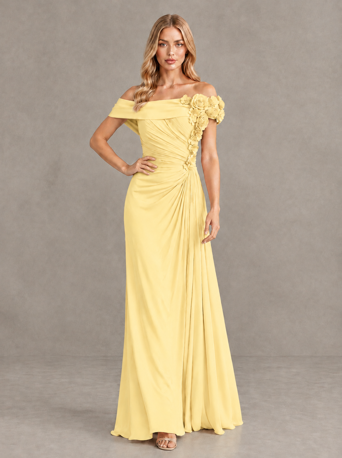 BOLODOO Yellow Off-Shoulder Floral Applique Wedding Guest Maxi Dress - Yellow - Yellow (4)