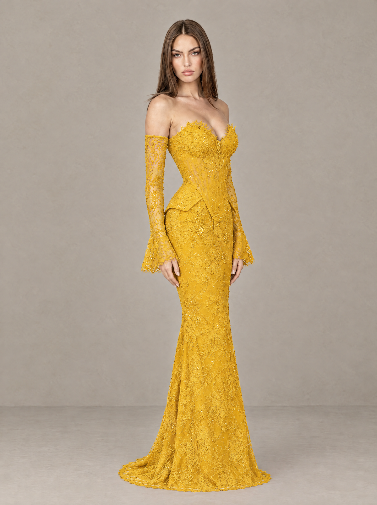 BOLODOO Yellow Lace Off-the-Shoulder Long Sleeve Mermaid Evening Gown - Yellow - Yellow (4)