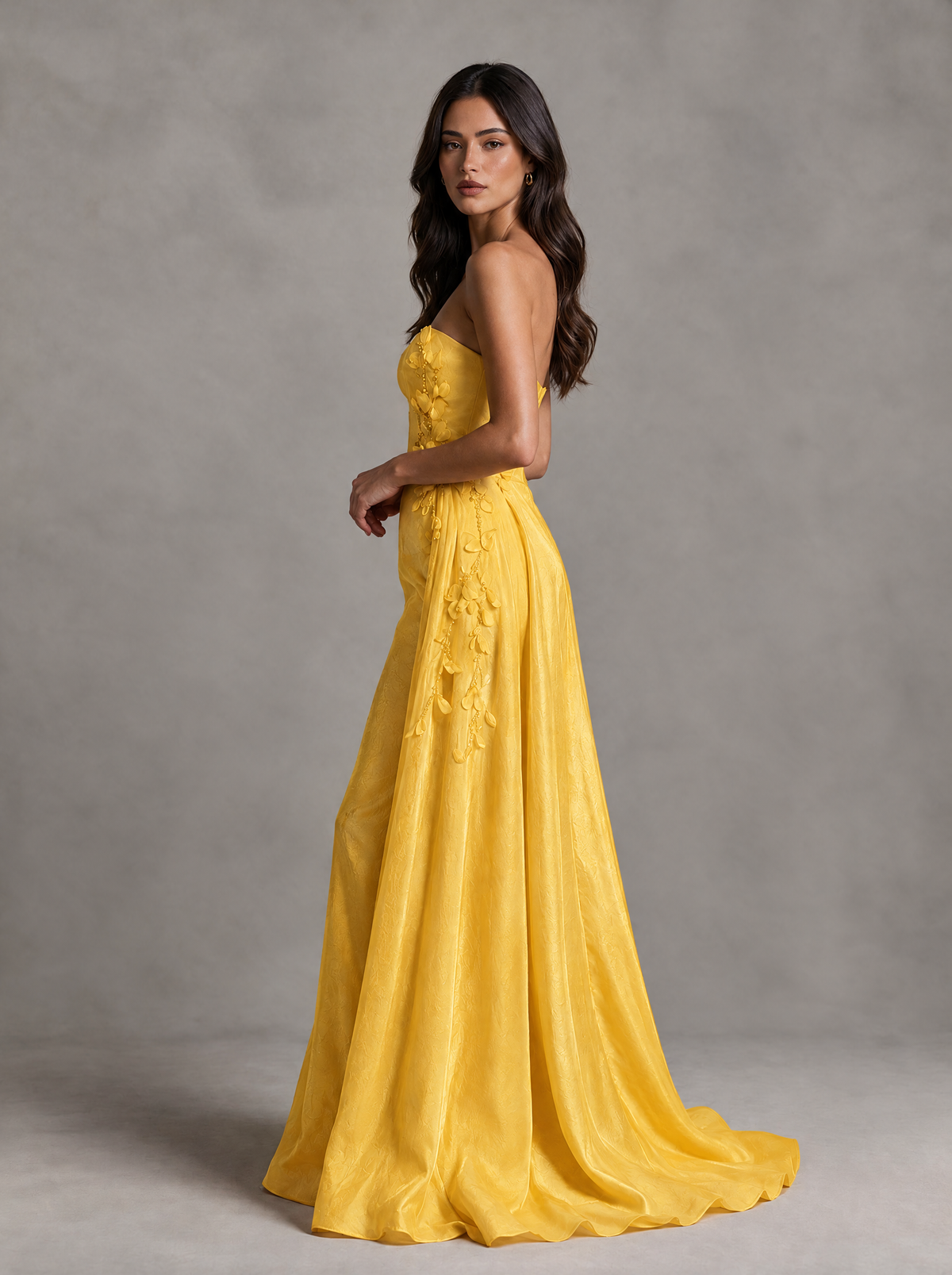 BOLODOO Yellow Strapless Floral Applique Prom Dress with Overskirt - Yellow - Yellow (4)