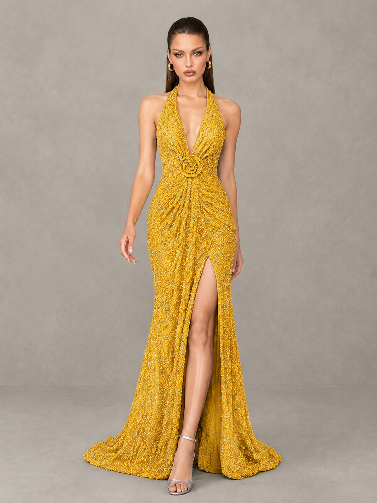 BOLODOO Yellow Sequin Halter Open Back Evening Gown with High Slit - Yellow - Yellow (4)