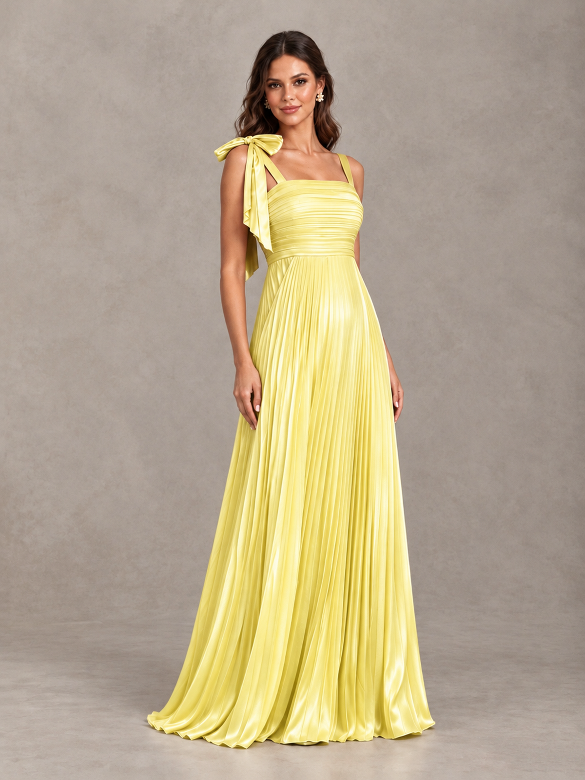 BOLODOO Yellow Pleated Bow-Strap Bridesmaid Maxi Dress - Yellow - Yellow (4)