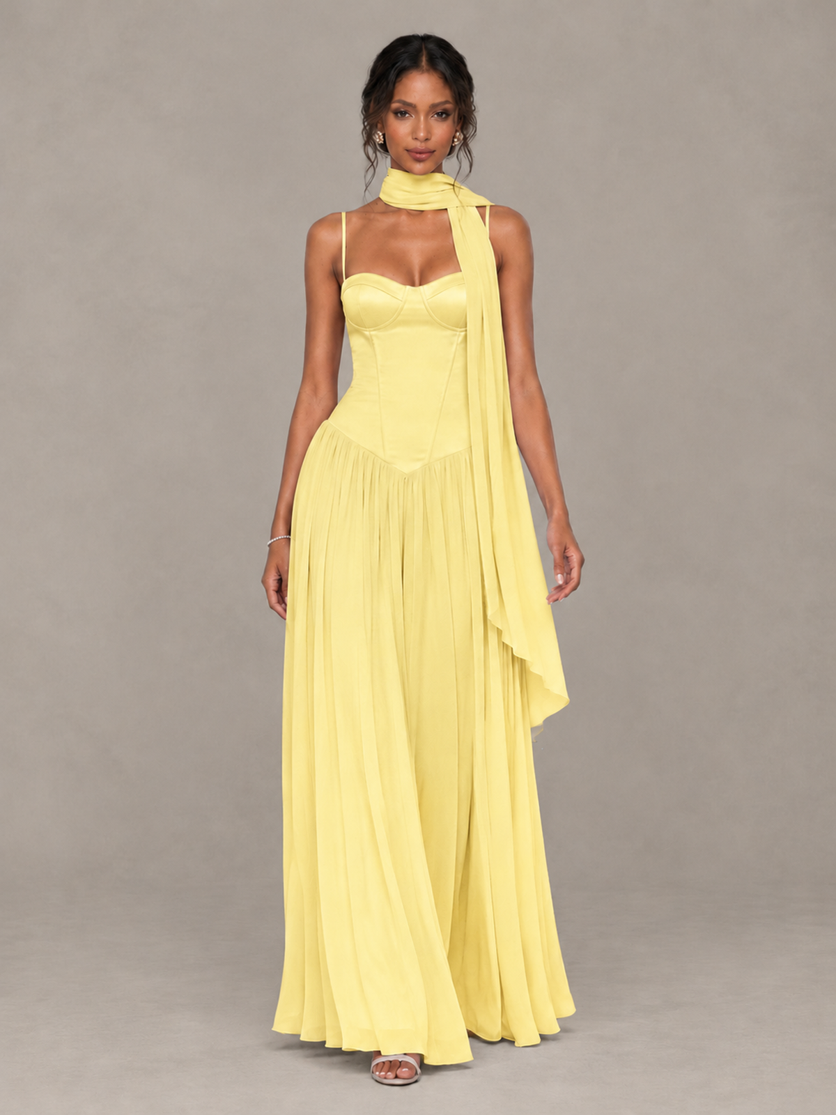 BOLODOO Yellow Corset Bridesmaid Dress with Scarf - Yellow - Yellow (4)