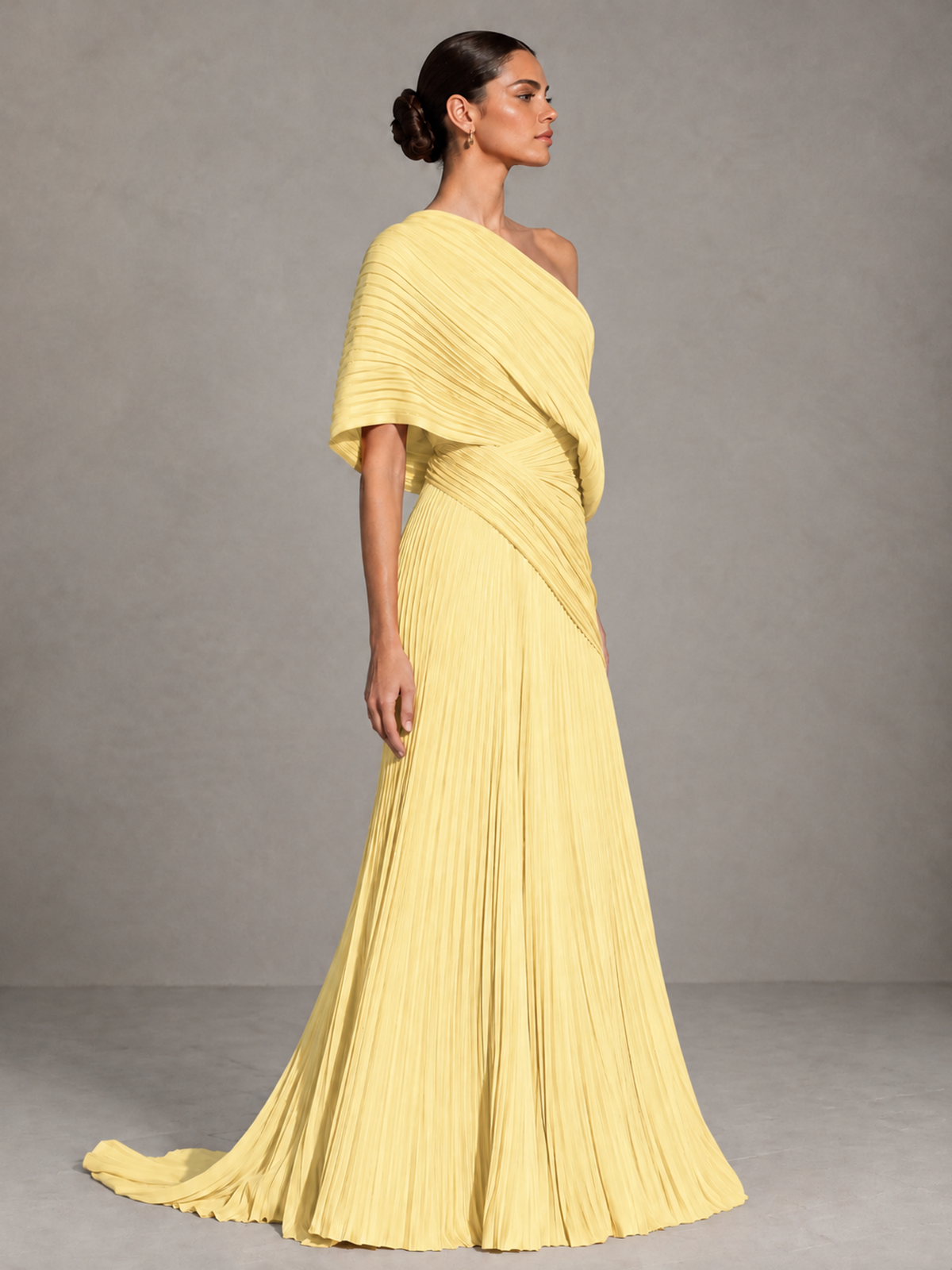 BOLODOO Yellow One-Shoulder Pleated Cape Evening Gown with Train - Yellow - Yellow (4)