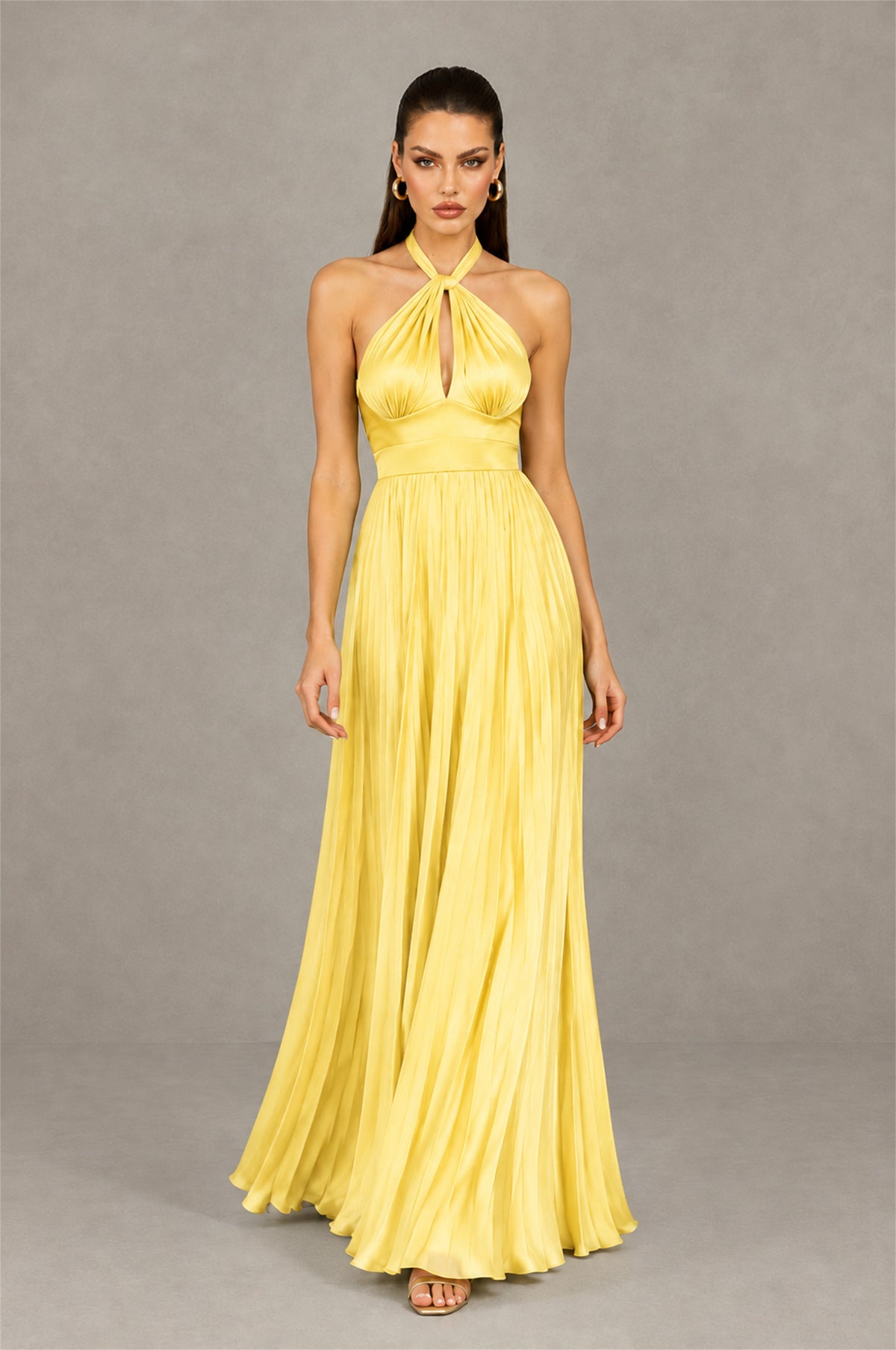 BOLODOO Yellow Halter Pleated A-Line Evening Dress - Yellow - Yellow (4)