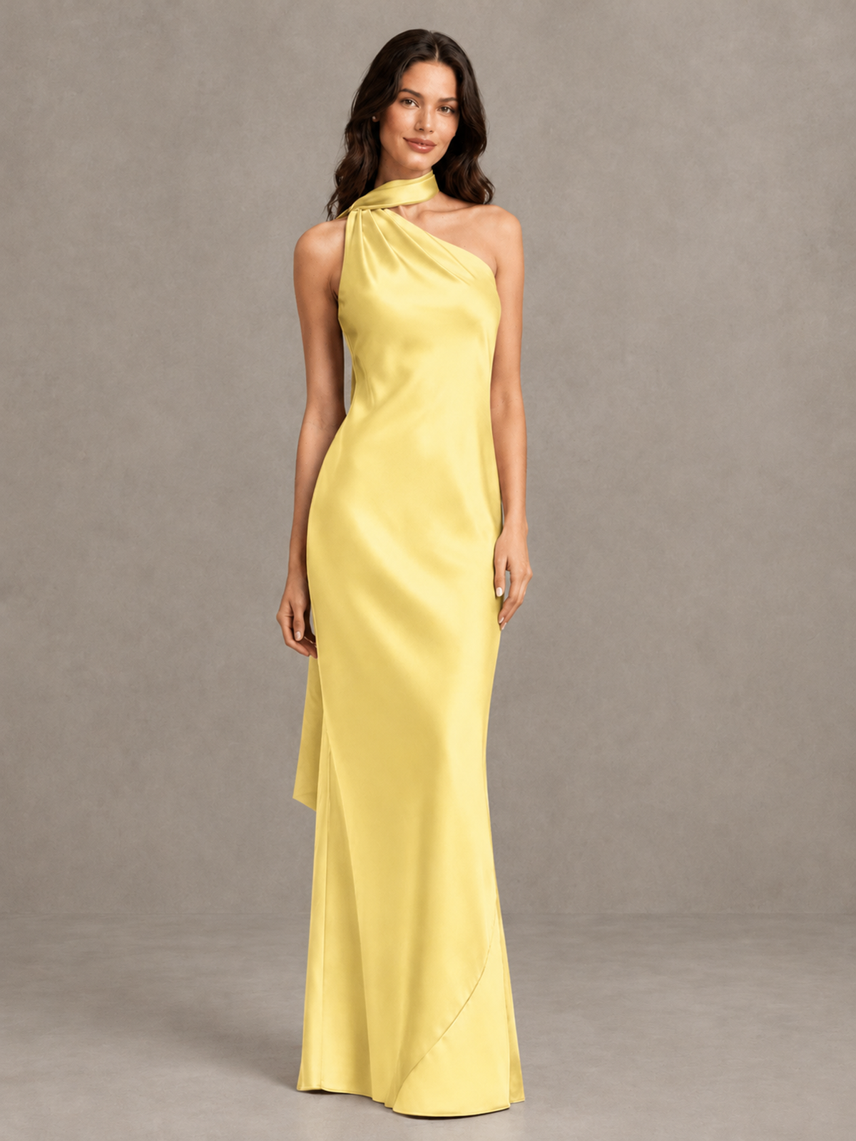 BOLODOO Yellow Satin One-Shoulder Bridesmaid Dress with Open Back - Yellow - Yellow (4)