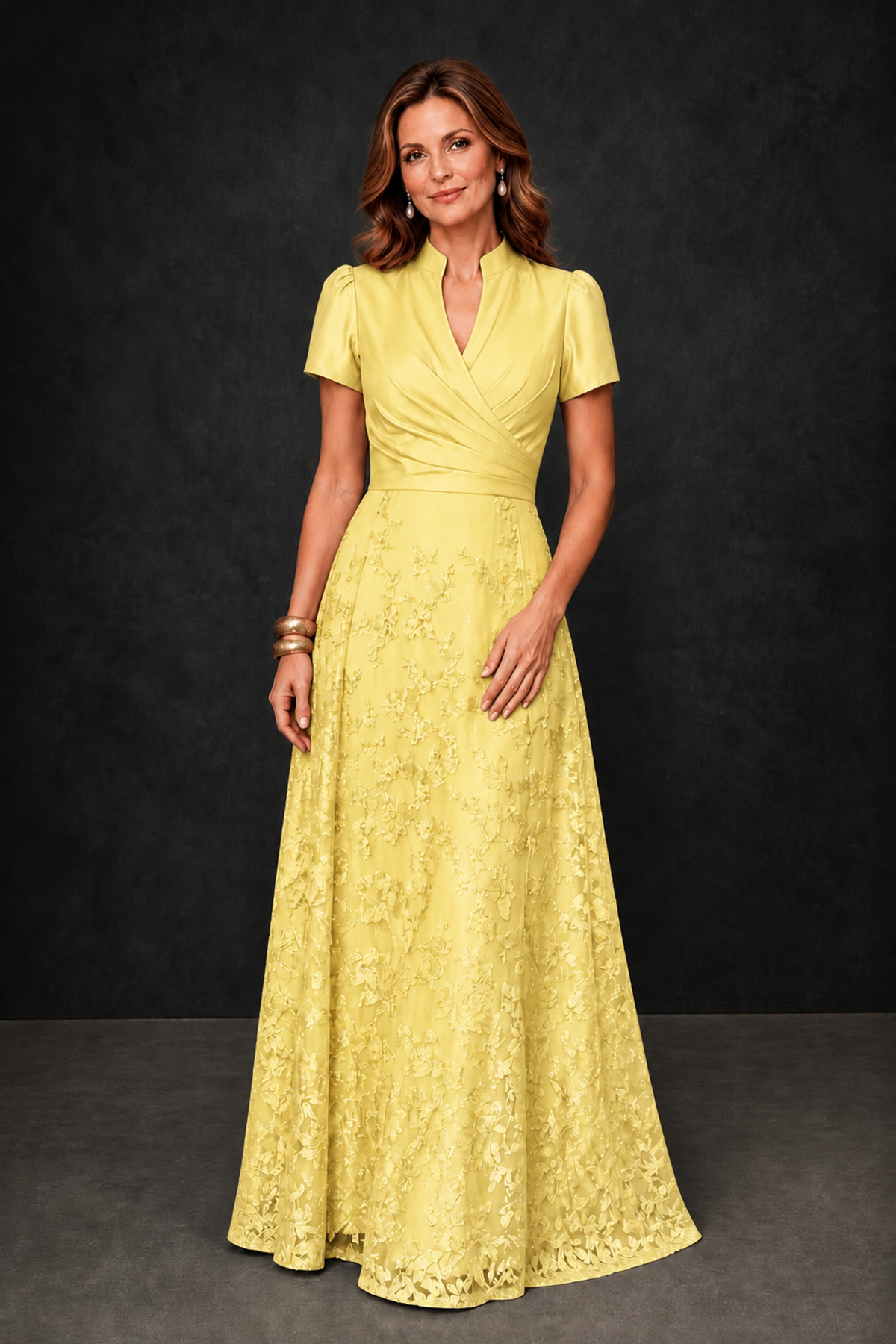 BOLODOO Yellow Satin Wrap V-Neck Short Sleeve Lace Glitter A-Line Floor Length Evening Gown – Formal Dress - Yellow - Yellow (4)