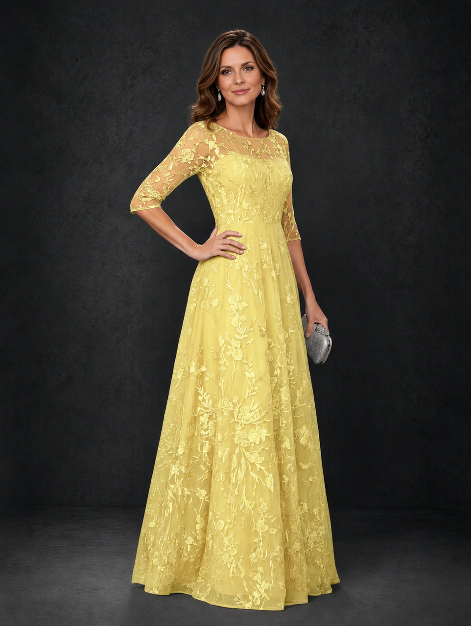 BOLODOO Yellow Illusion Bateau Neck 3/4 Sleeve Floral Lace A-Line Mother of the Bride Dress MX007 - Yellow