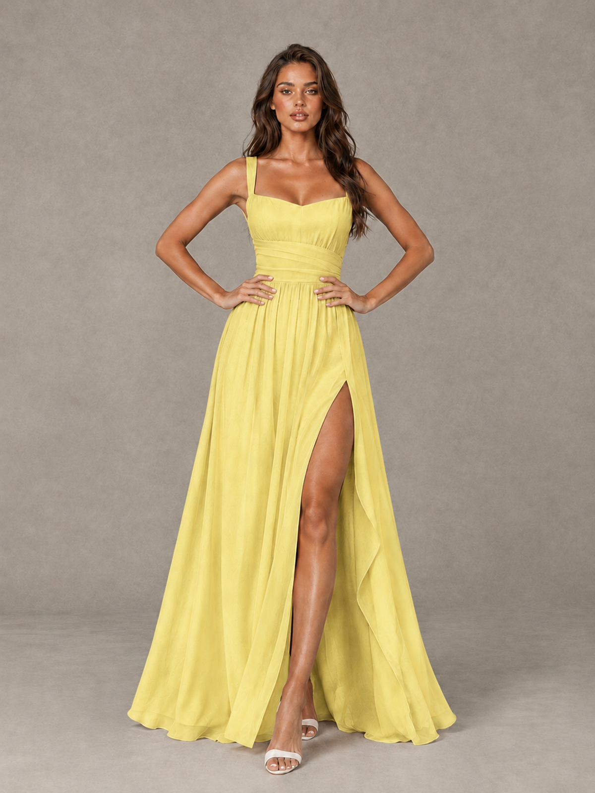 BOLODOO Yellow A-Line Bridesmaid Dress with High Slit & Lace-Up Back - Yellow - Yellow (4)