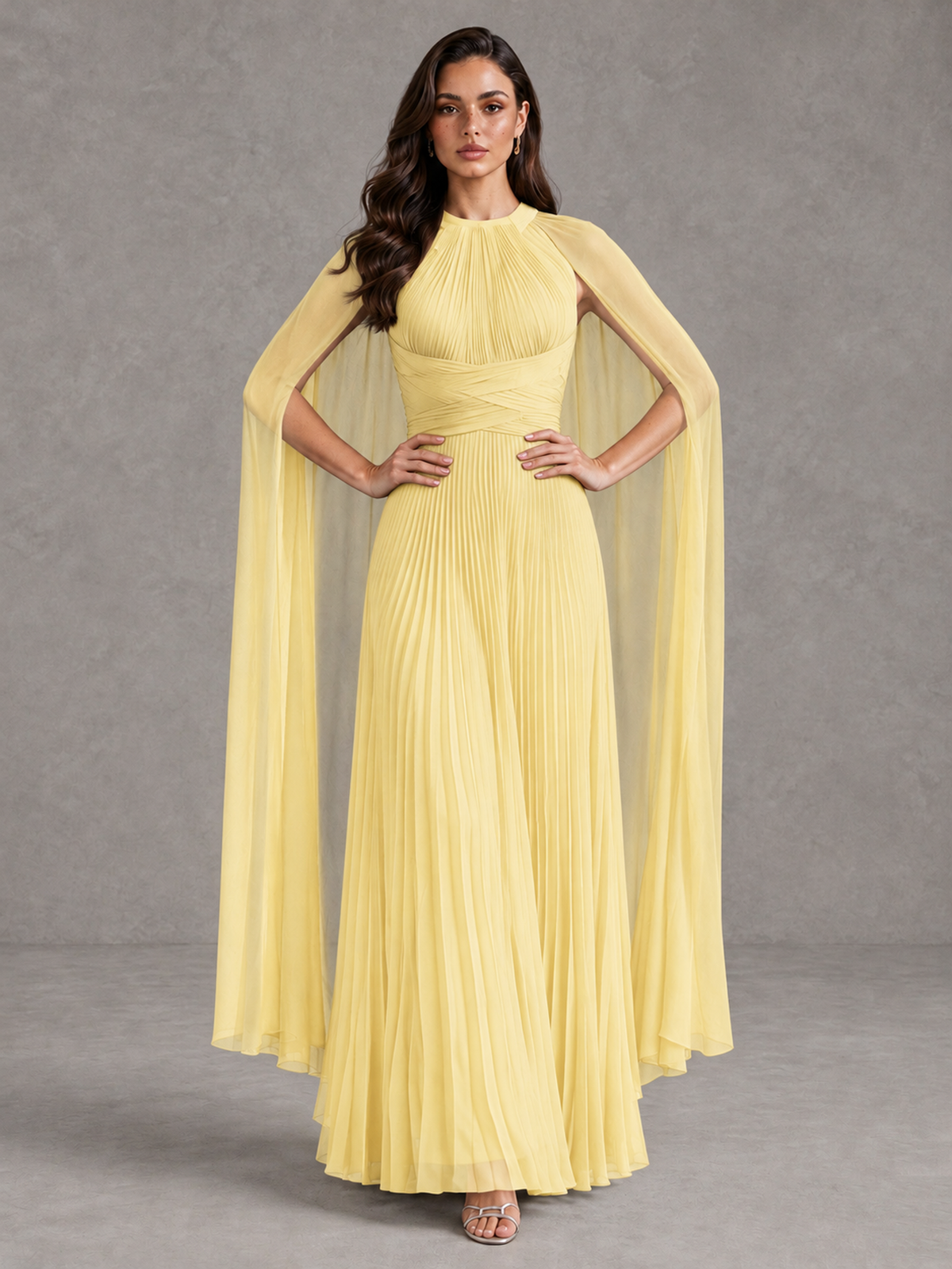 BOLODOO Yellow Pleated Cape Maxi Wedding Guest Dress - Yellow - Yellow (4)