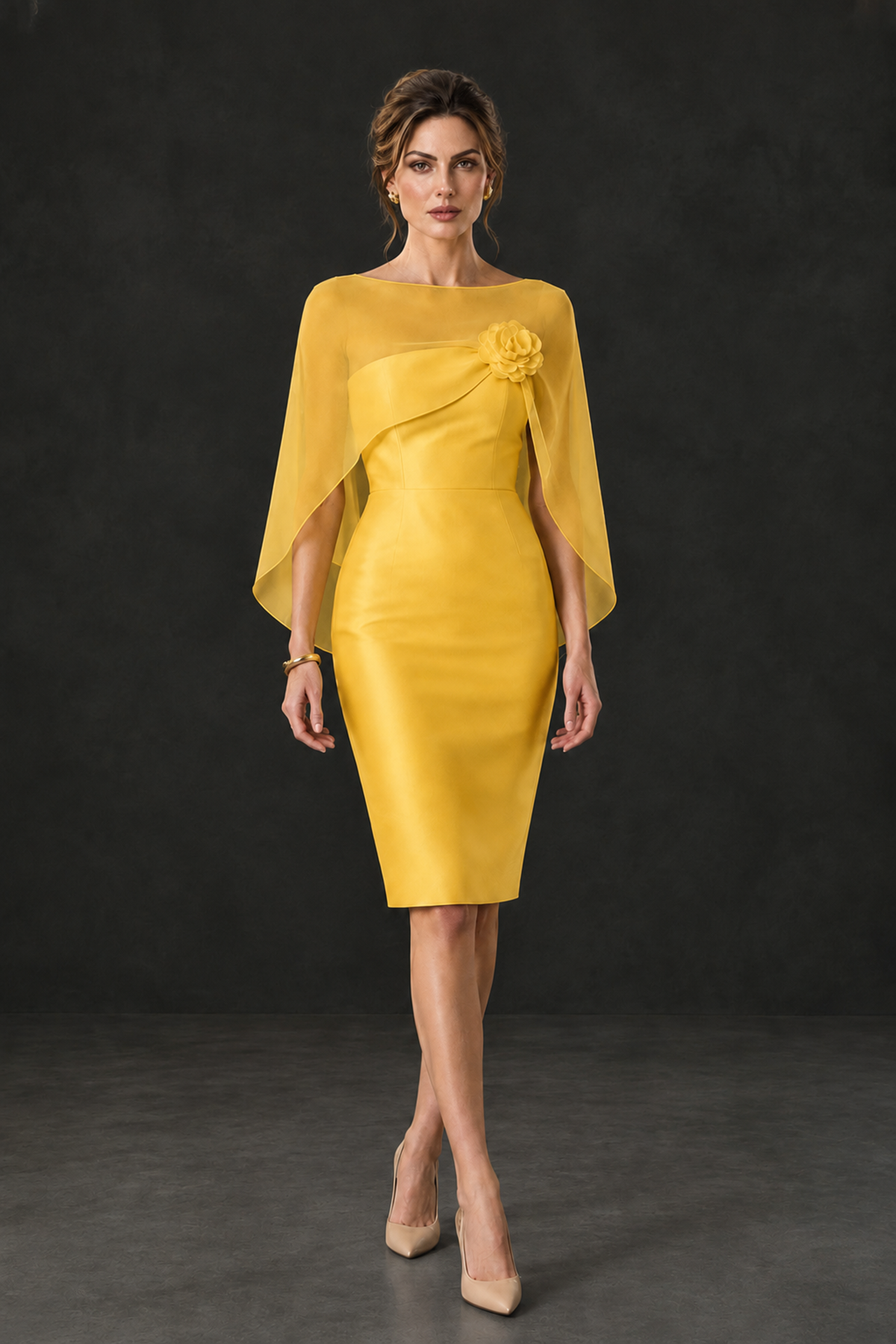 BOLODOO Yellow Cape Knee-Length Mother of the Bride Dress - Yellow - Yellow (4)