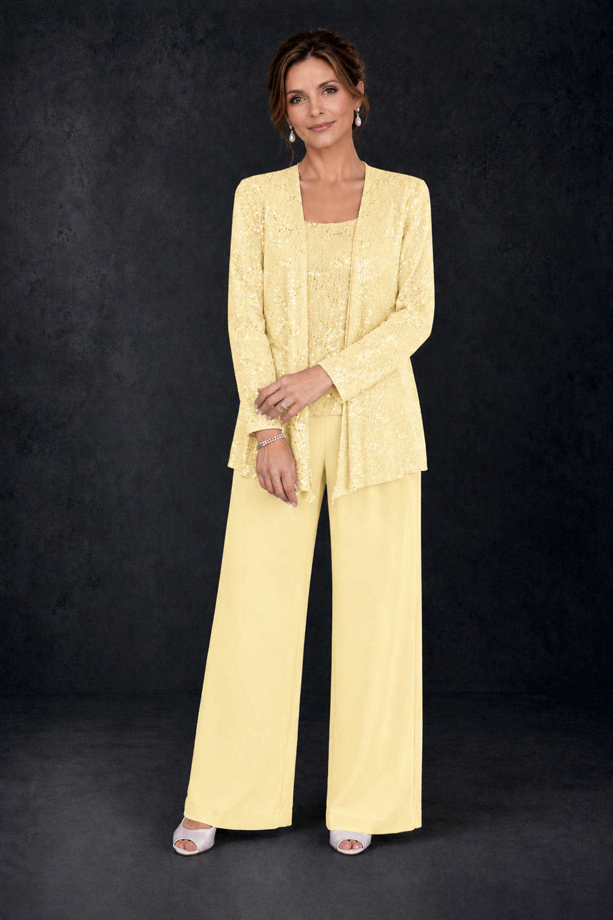 BOLODOO Yellow Sequin Lace 3-Piece Pant Suit with Long Sleeve Jacket - Yellow - Yellow (4)