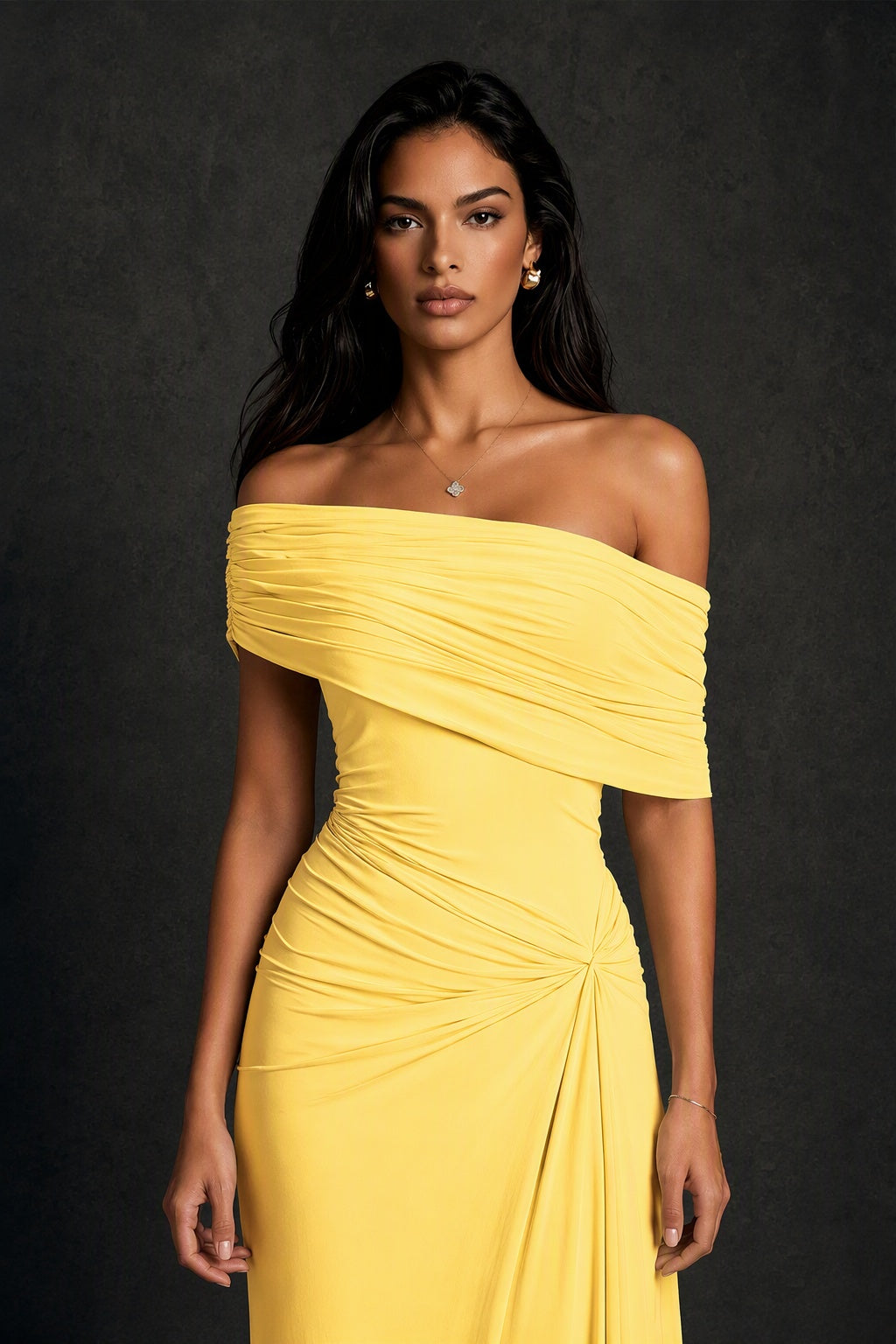 BOLODOO Yellow Off-Shoulder Ruched Maxi Dress - Yellow