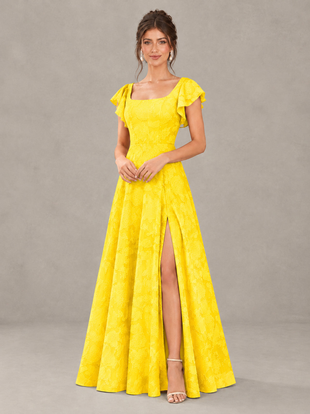 BOLODOO Yellow Floral Flutter Sleeve Bridesmaid Dress with Slit - Yellow - Yellow (4)