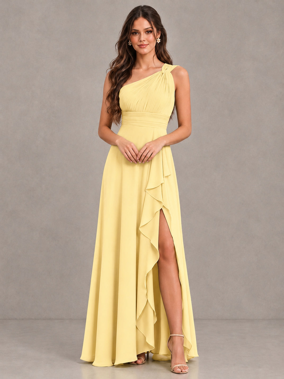 BOLODOO Yellow One-Shoulder Ruffle Bridesmaid Dress with Slit - Yellow - Yellow (4)