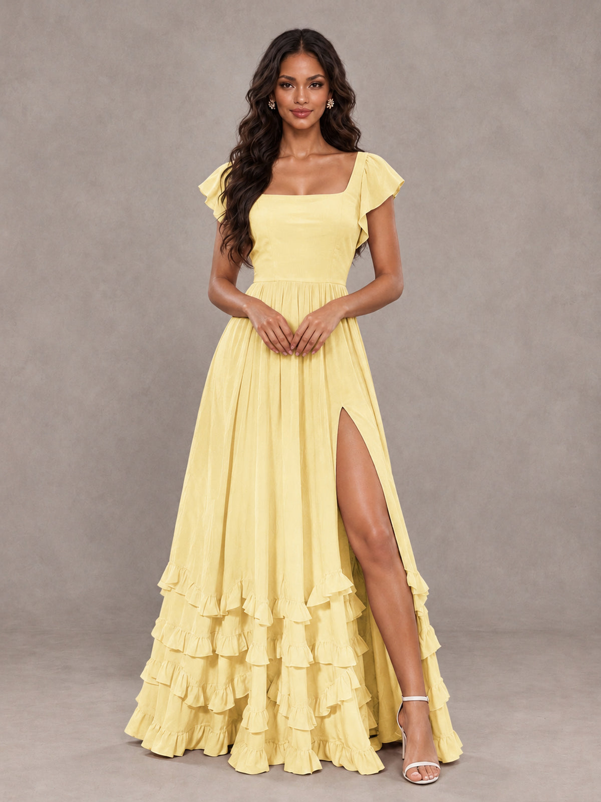 BOLODOO Yellow Flutter Sleeve Ruffle Bridesmaid Dress with Slit - Yellow - Yellow (4)