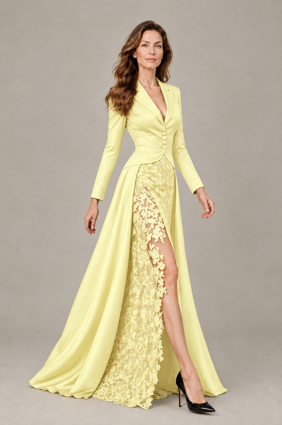 BOLODOO Yellow Long Sleeve Lace Blazer Gown with High Slit - Yellow - Yellow (4)