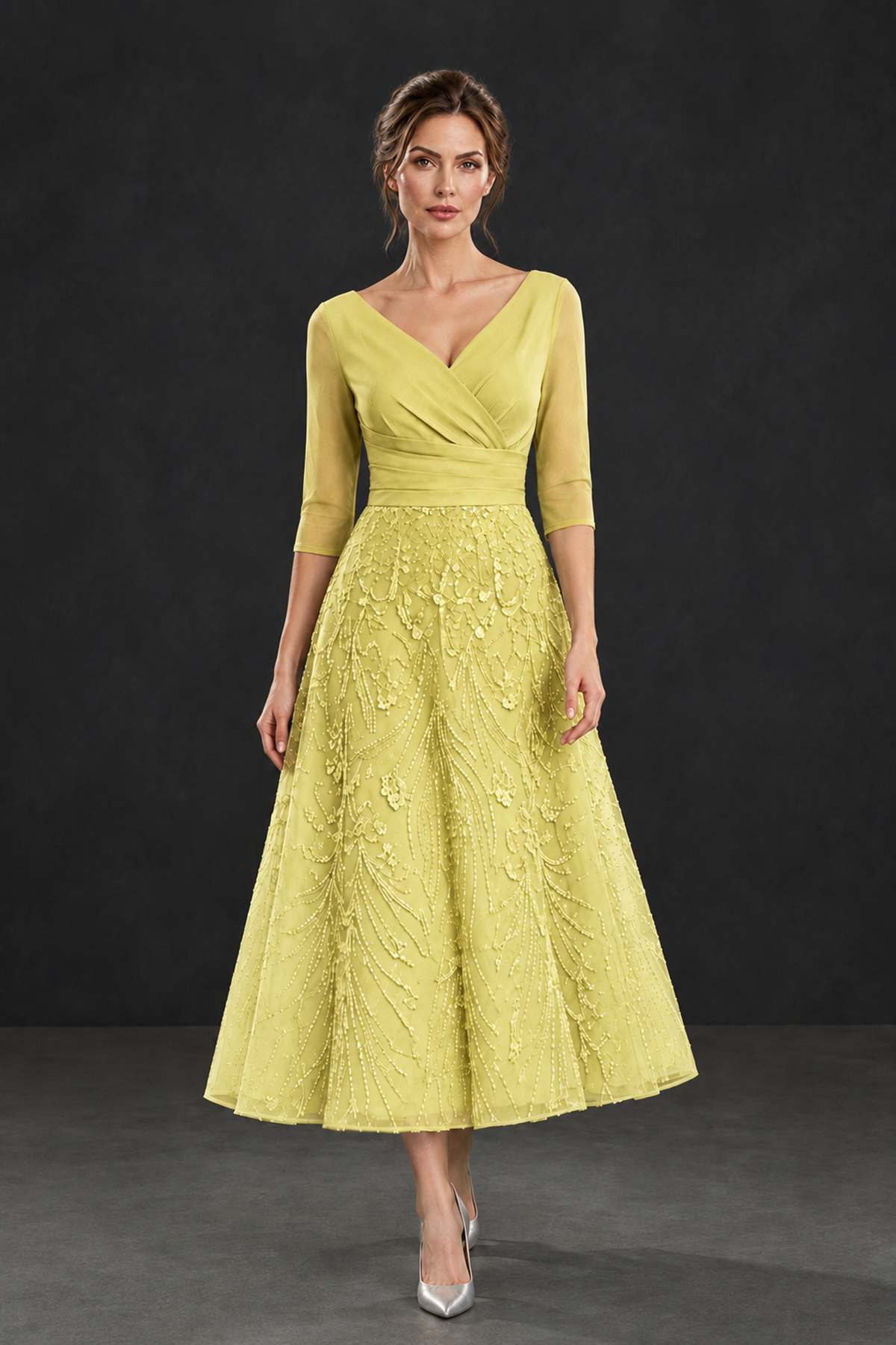 BOLODOO Yellow V-Neck Tea-Length Lace Mother of the Bride Dress - Yellow