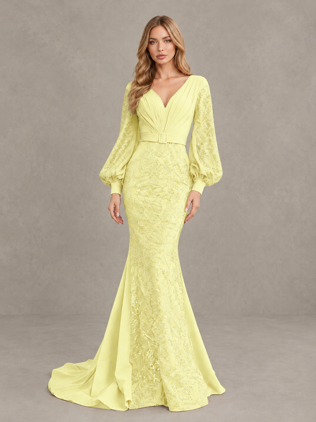 BOLODOO Yellow Sequin Long Bishop Sleeve Mermaid Evening Dress - Yellow - Yellow (4)