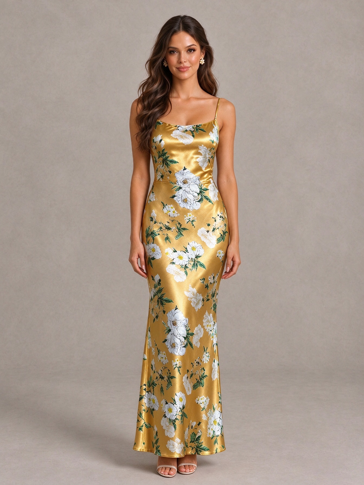 BOLODOO Yellow Floral Satin Bridesmaid Dress with Cowl Back - Yellow - Yellow (4)