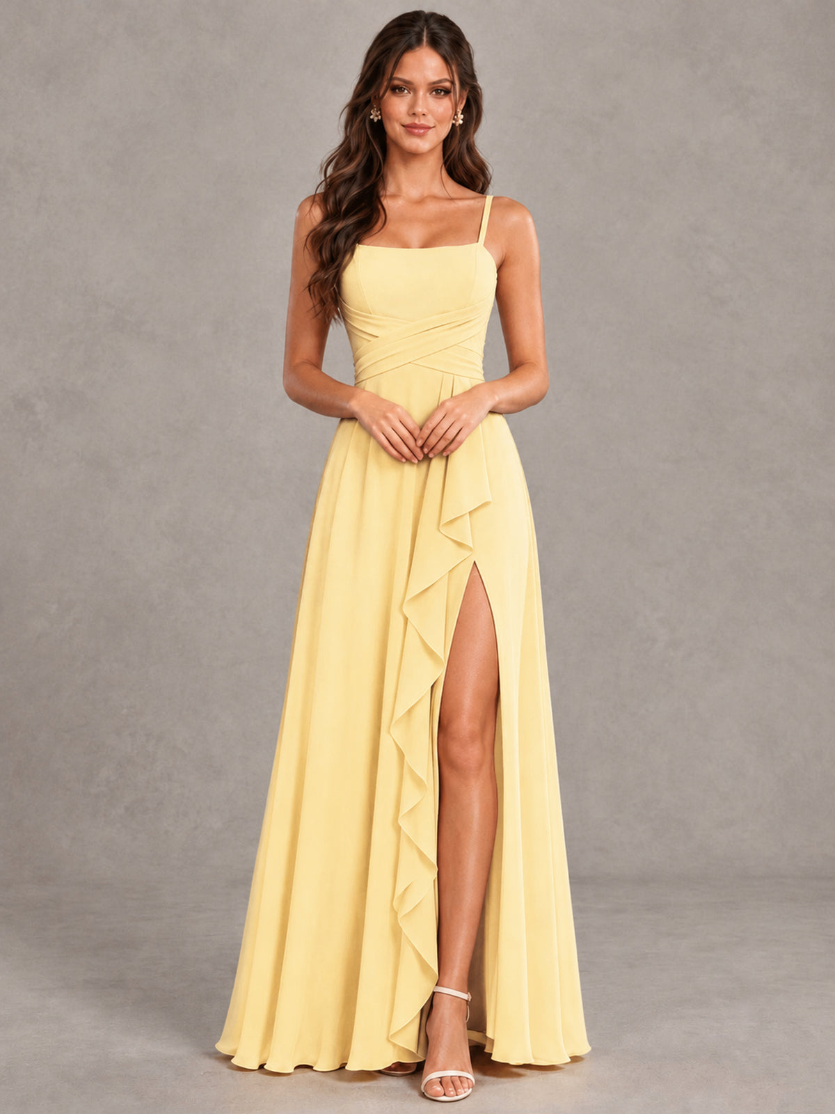 BOLODOO Yellow Spaghetti Strap Ruffle Bridesmaid Dress with Slit - Yellow - Yellow (4)