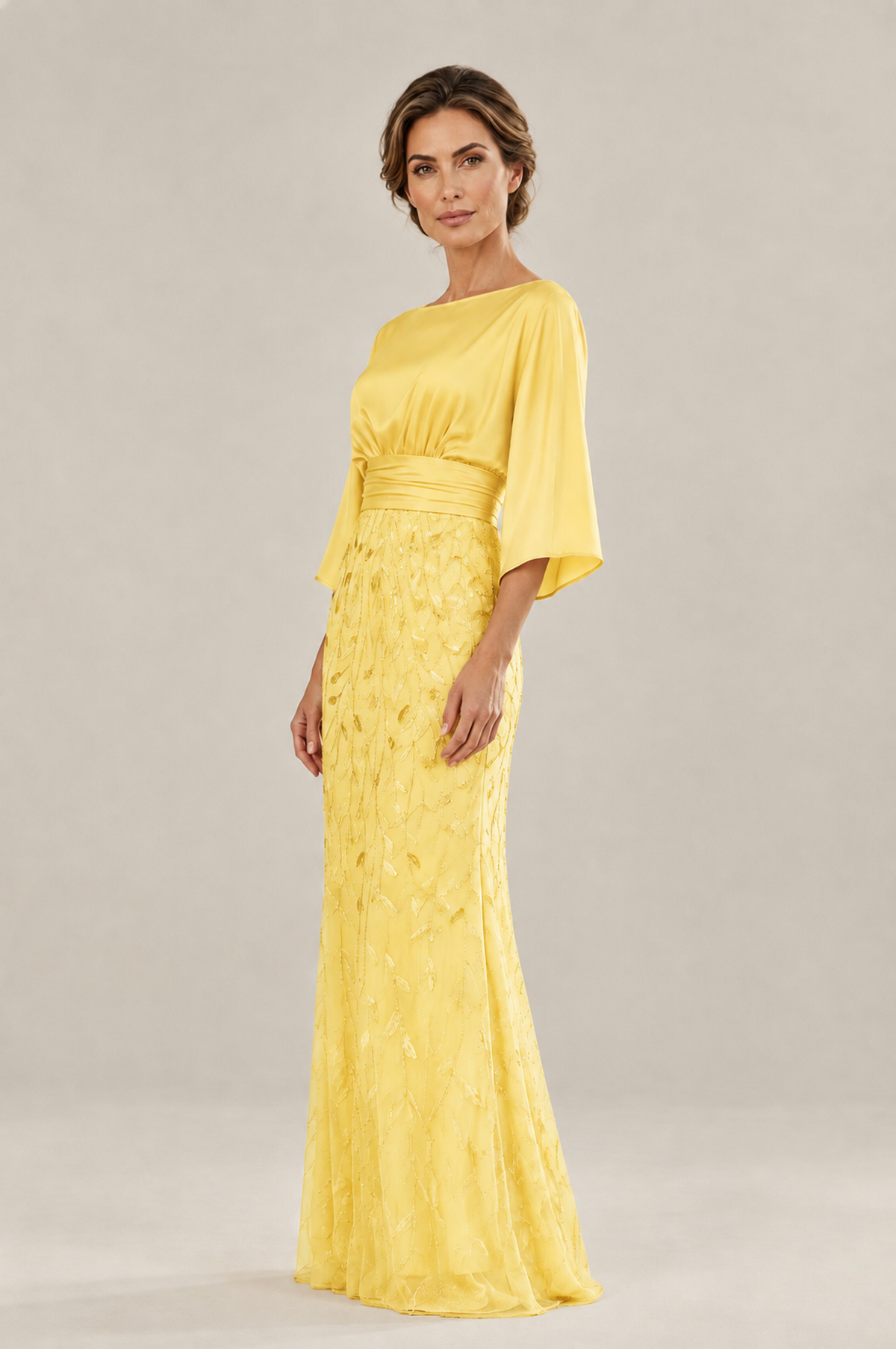 BOLODOO Yellow Mother of the Bride Dress with Kimono Sleeves, Satin Bodice & Sequin Embroidered Mermaid Floor-Length Gown - Yellow - Yellow (4)