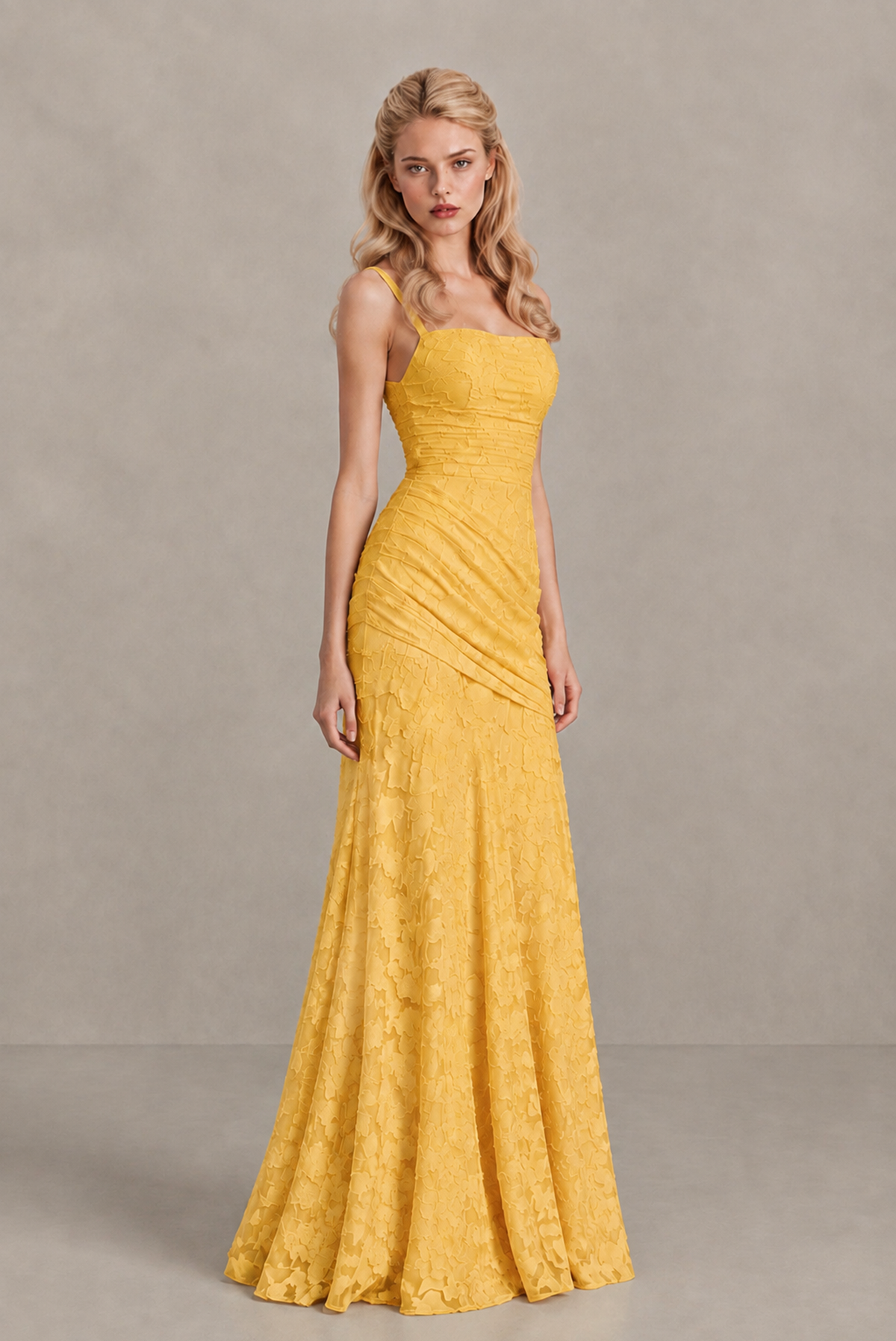 BOLODOO Yellow Ruched Floral Maxi Dress with Lace-Up Back - Yellow