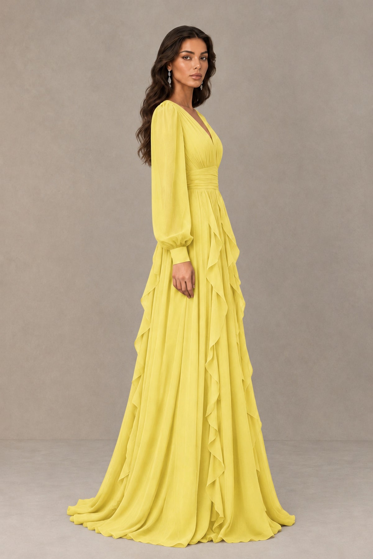 BOLODOO Yellow Long Sleeve V-Neck Ruffle Maxi Dress - Yellow - Yellow (4)
