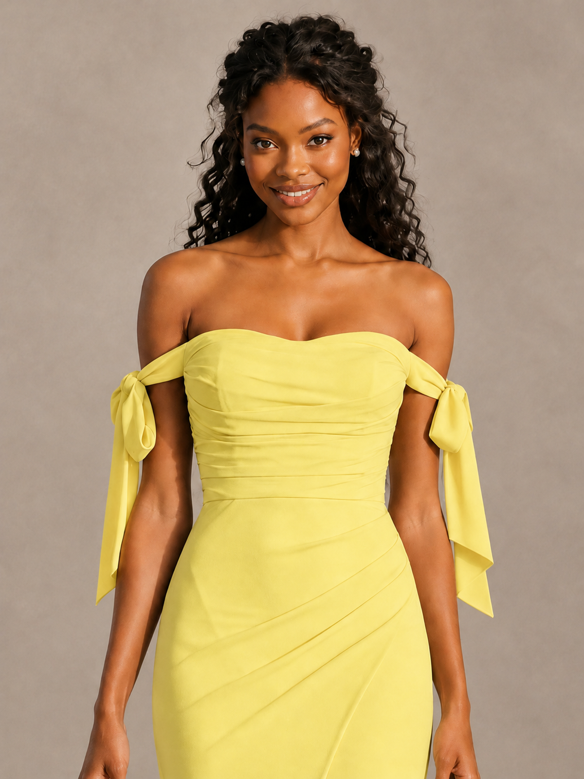 Yellow Off-Shoulder Bow Bridesmaid Dress with Slit - Yellow - Yellow (4)