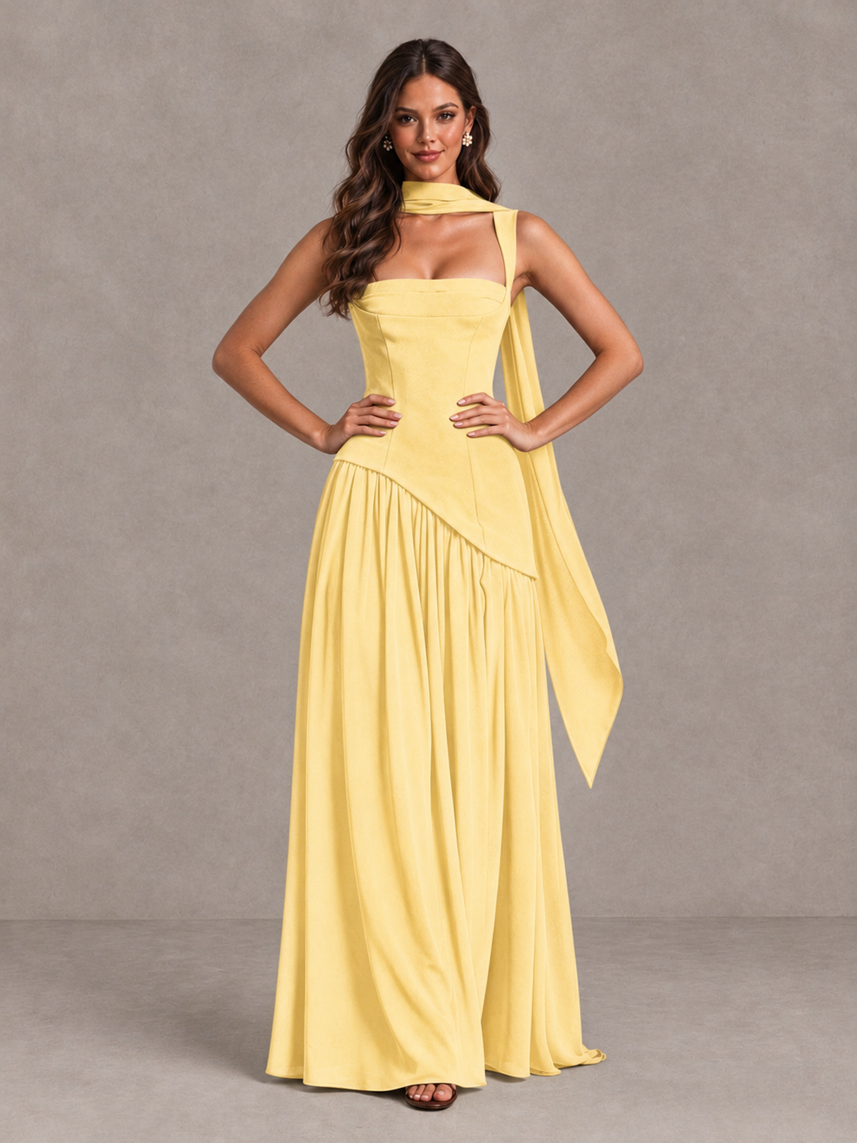 BOLODOO Yellow Brown Scarf Bridesmaid Dress with Lace-Up Back - Yellow - Yellow (4)