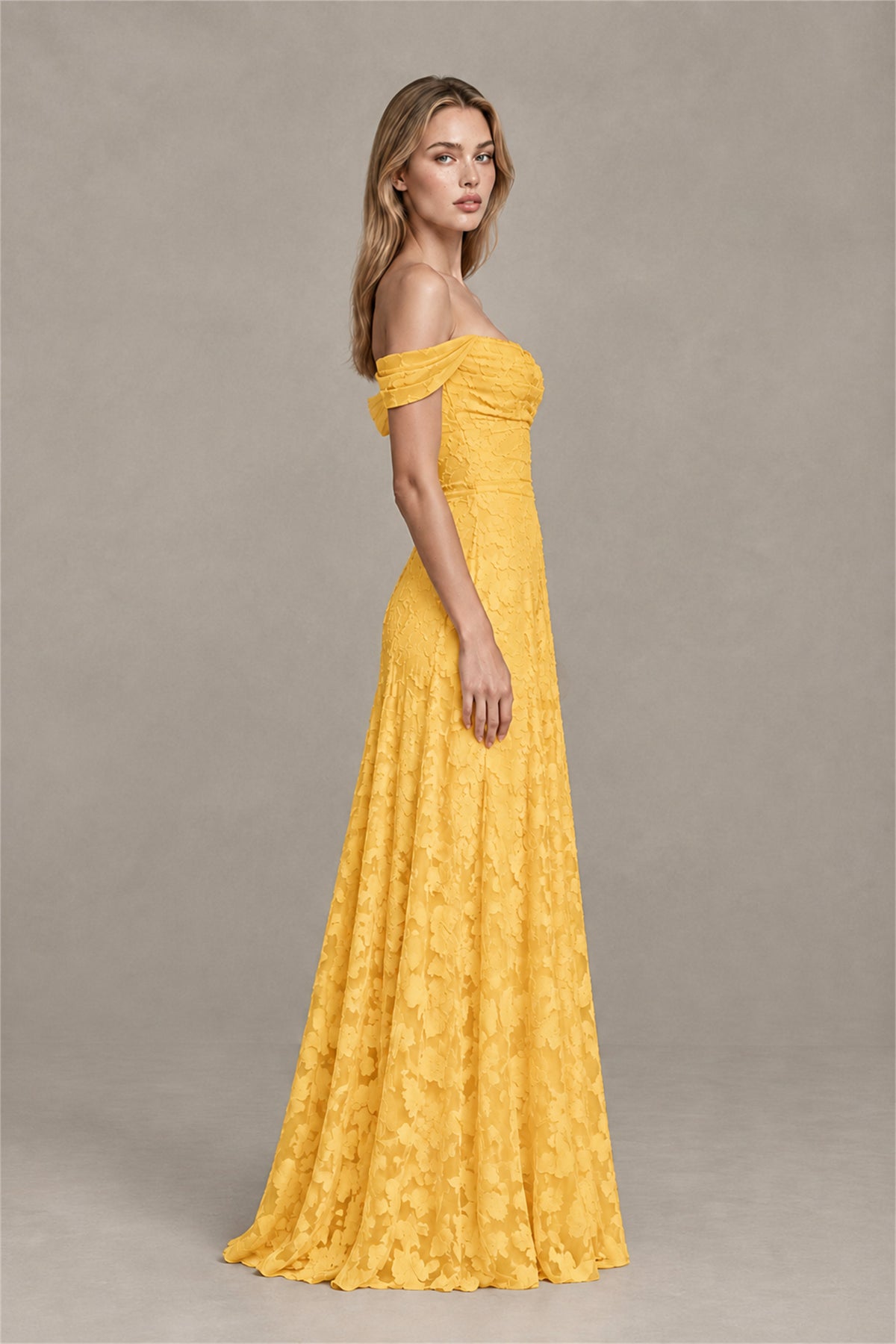BOLODOO Yellow Off-Shoulder Pleated A-Line Maxi Dress Floral - Yellow