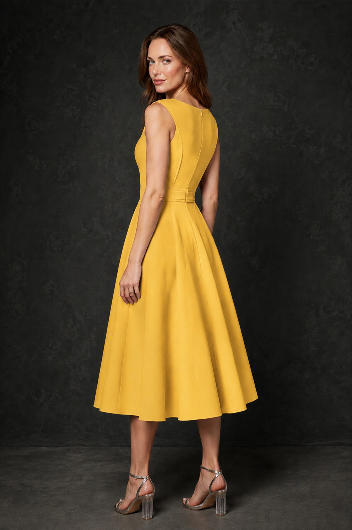 BOLODOO Yellow 3D Rosette Appliqué 3/4 Sleeve Jacket & V-Notch Sleeveless A-Line Tea-Length Two-Piece Dress Set - Yellow
